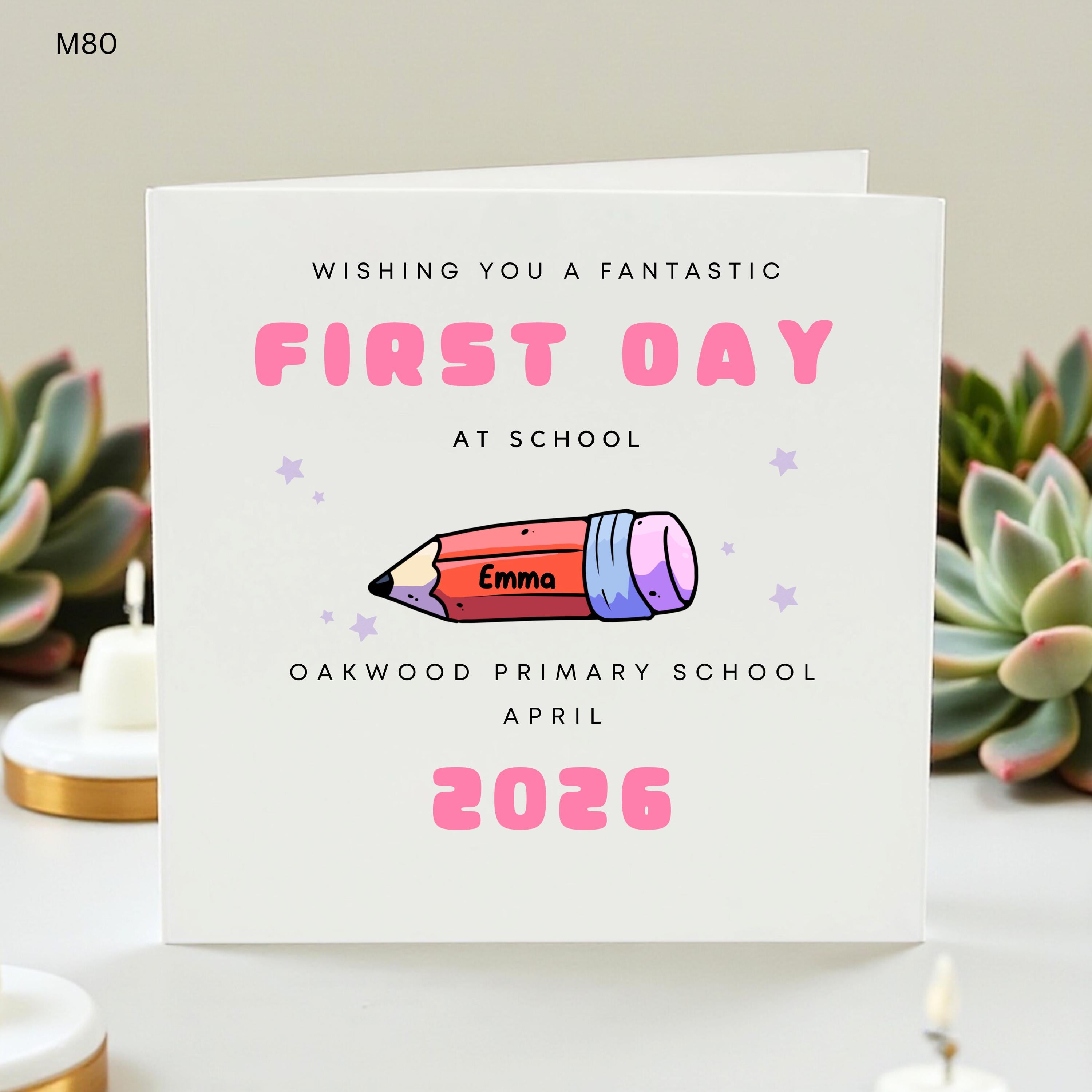 Personalised First Day At School Card, Cute Pencil Back To School Card For Girl Boy, Nursery Reception Good Luck School Card