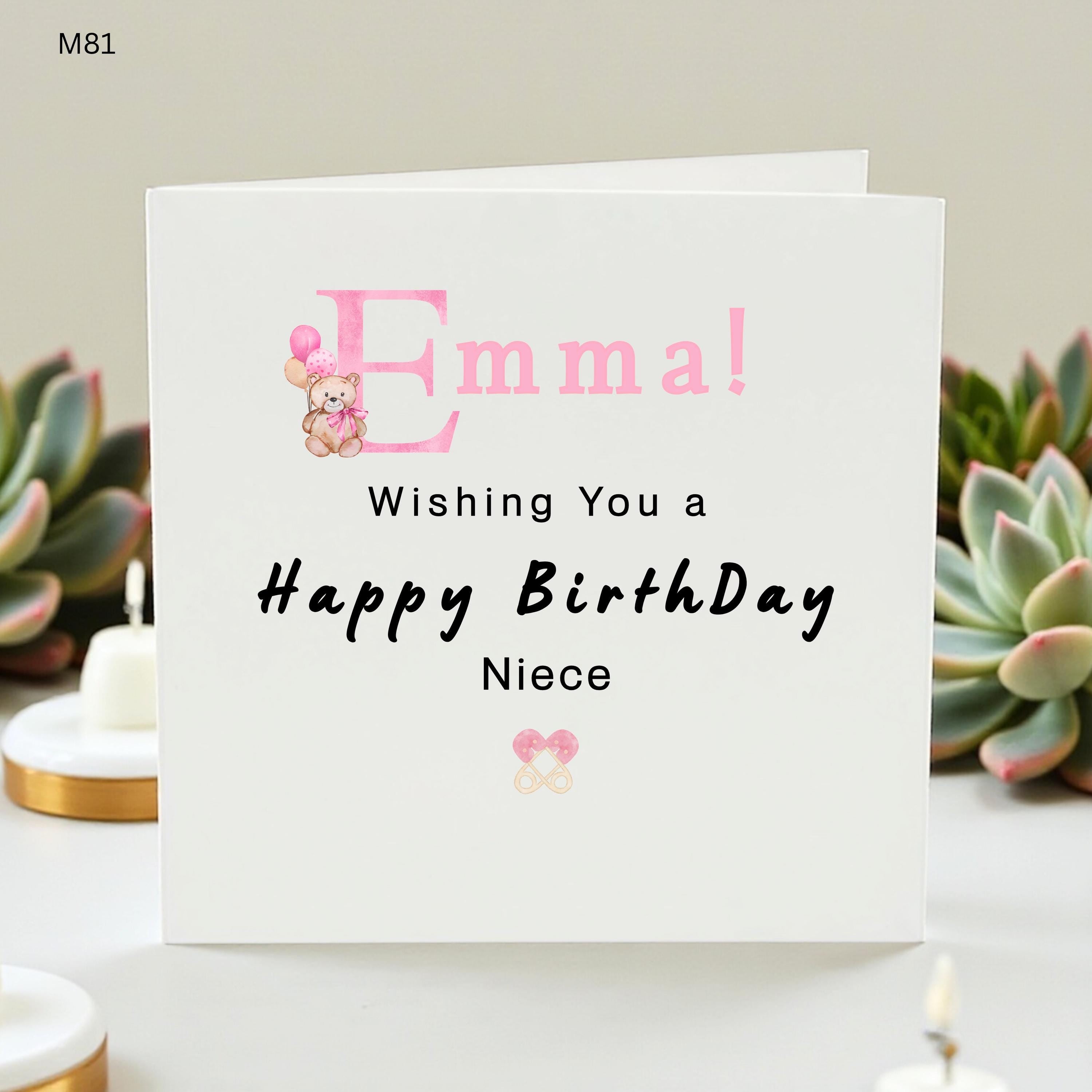 Personalised Niece Birthday Card, Cute Teddy Bear Birthday Card For Niece, Custom Name Girl Birthday Card, Pink Birthday Card