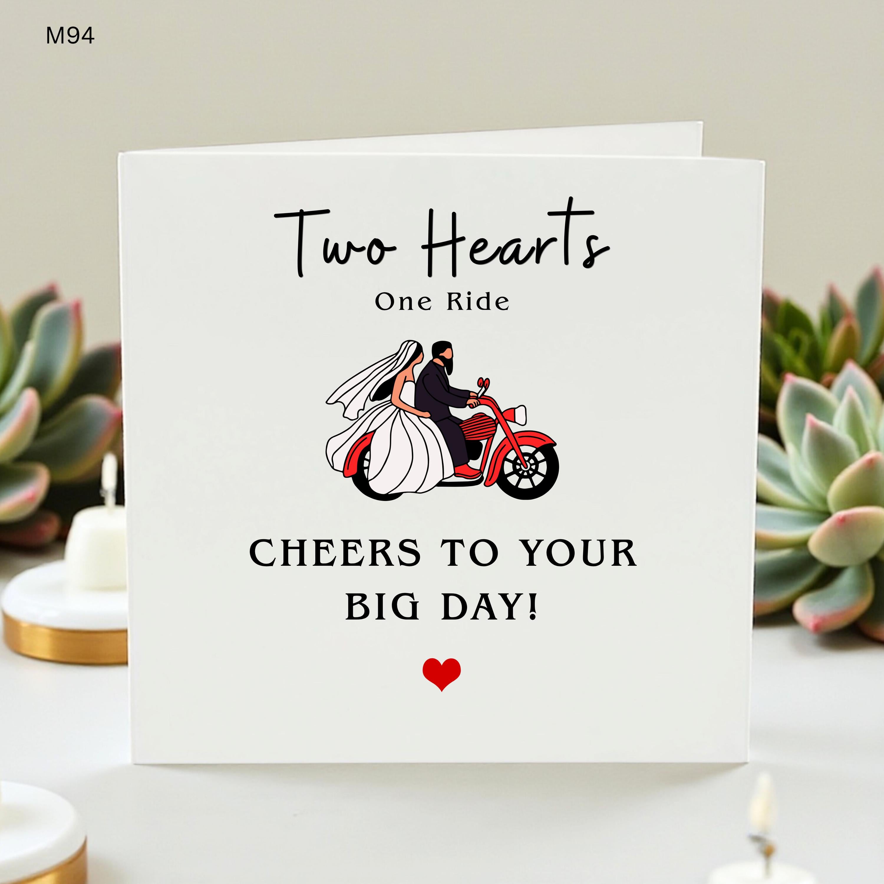 Motorbike Wedding Card, Biker Bride And Groom Card, Congratulations Wedding Day Card, Newlyweds Card, Two Hearts One Ride Card