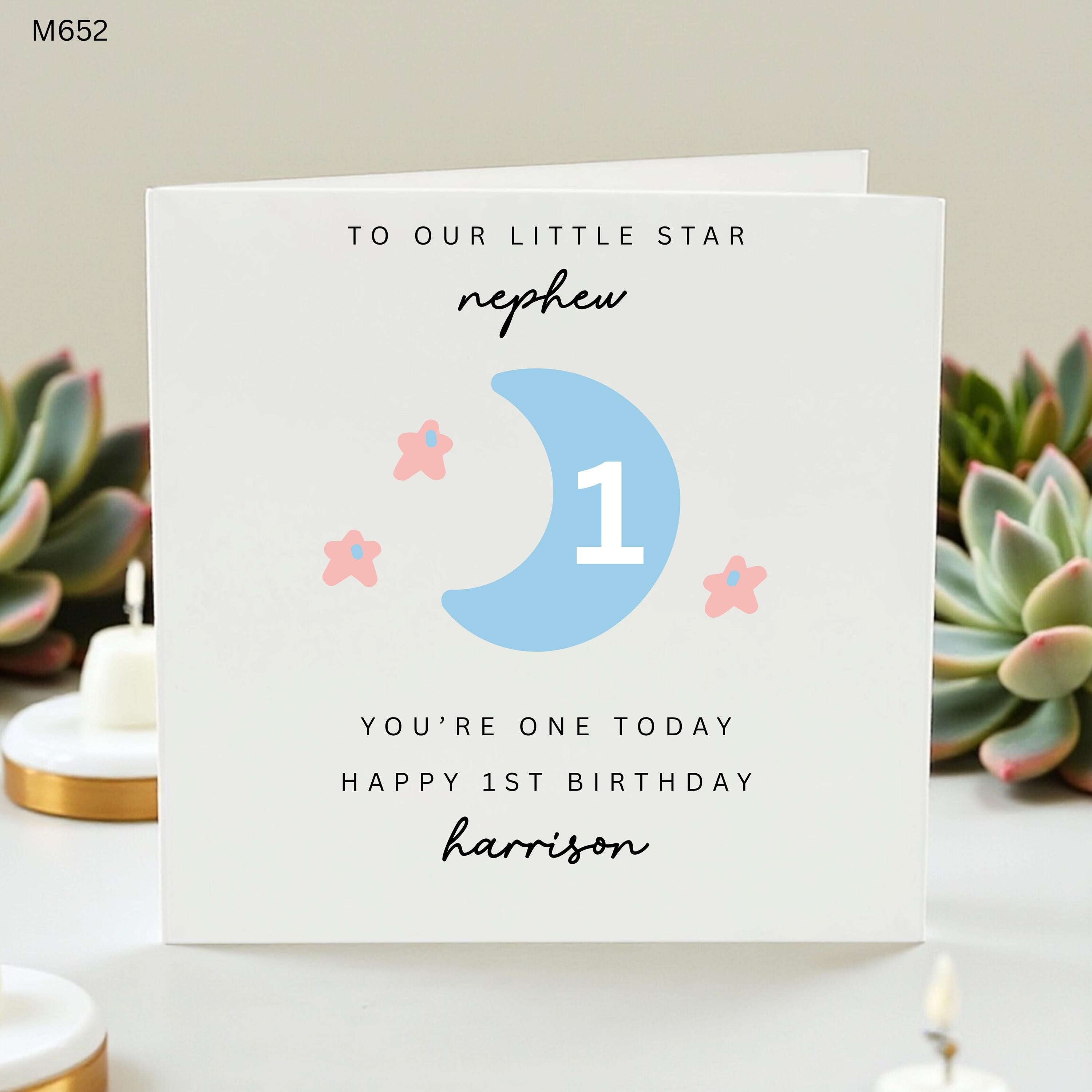 Custom Nephew 1st Birthday Card | Personalized Moon & Stars First Birthday Gift for Harrison | Cute Little Star Theme Card for One Today