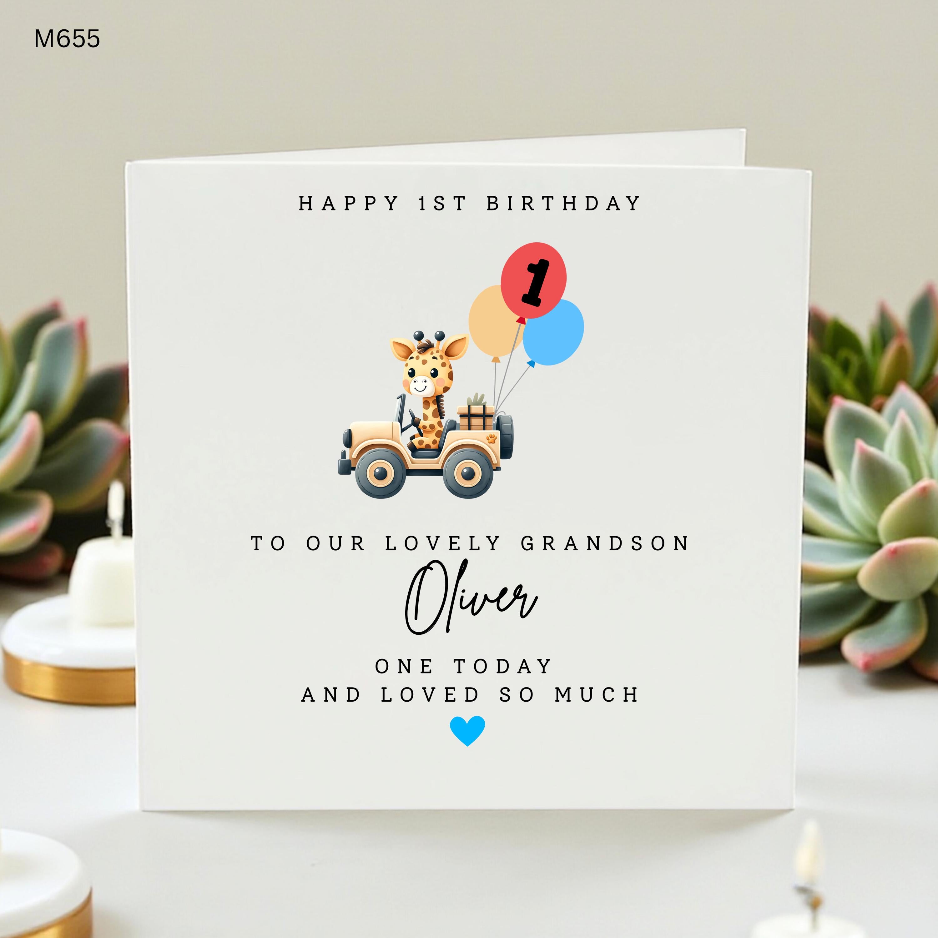 Personalized Grandson 1st Birthday Card | Custom Safari Giraffe Car Card for | Cute Jungle Theme Boy One Today Gift with Balloons