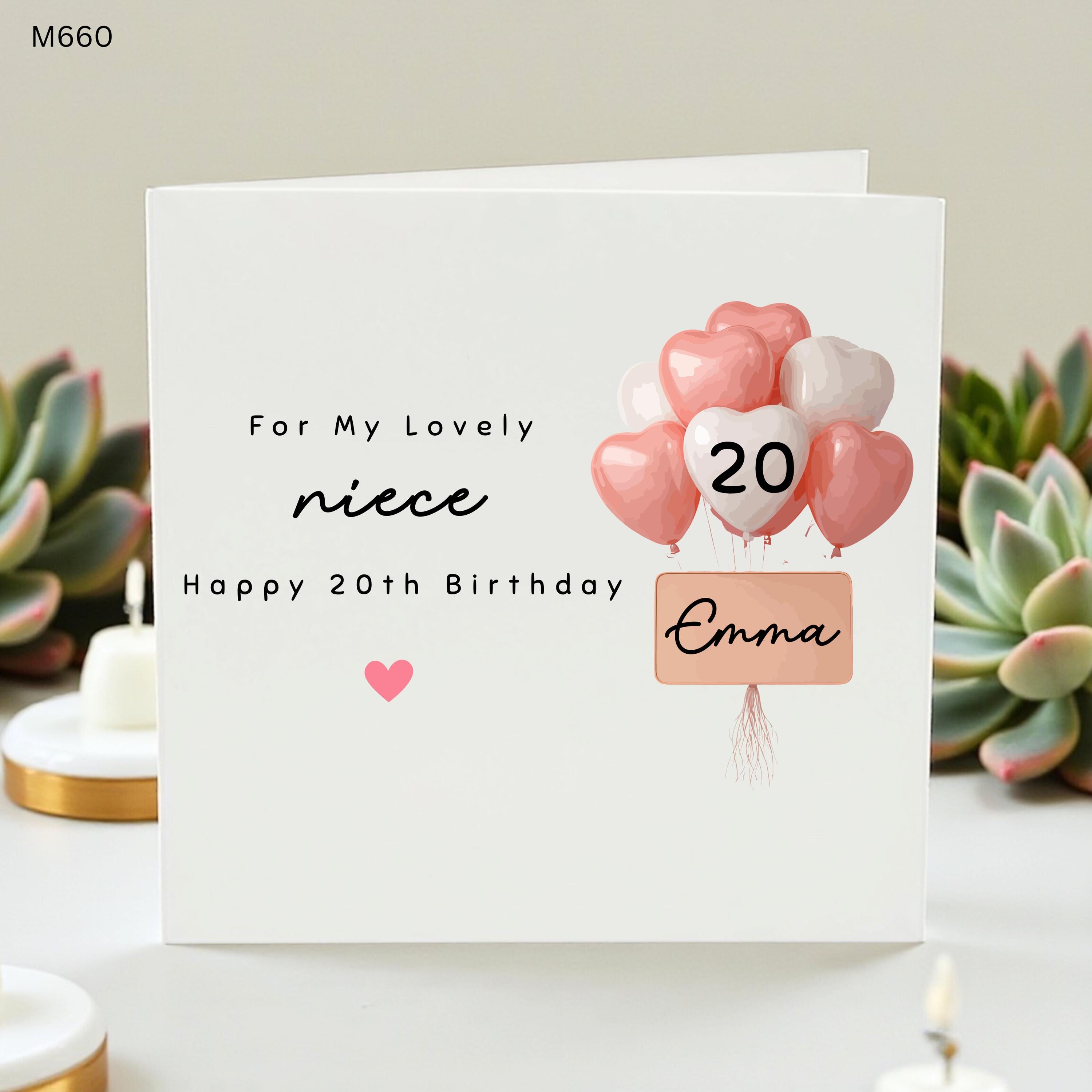 Personalized Niece 20th Birthday Card | Custom Name Milestone Greeting Card for Her | Cute Pink Heart Balloons Card for Lovely Niece