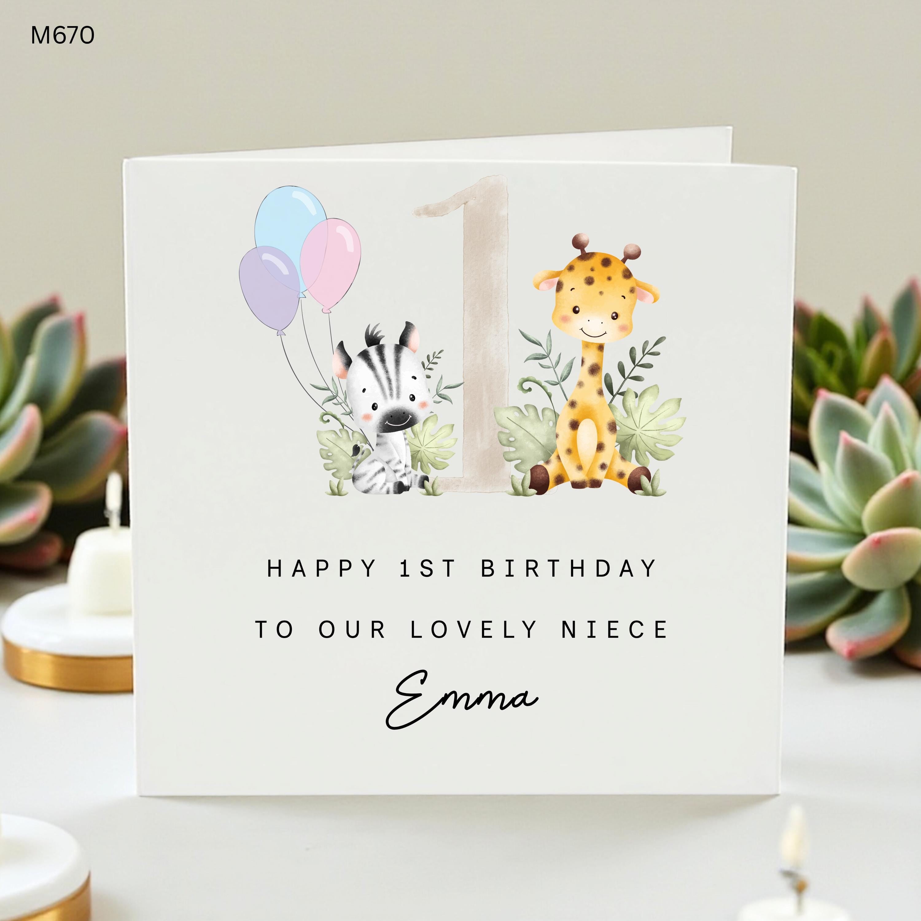 Baby Girl 1st Birthday Card Niece, Personalized First Birthday Card , Cute Safari Animal Zebra Giraffe Card, Milestone Birthday Card