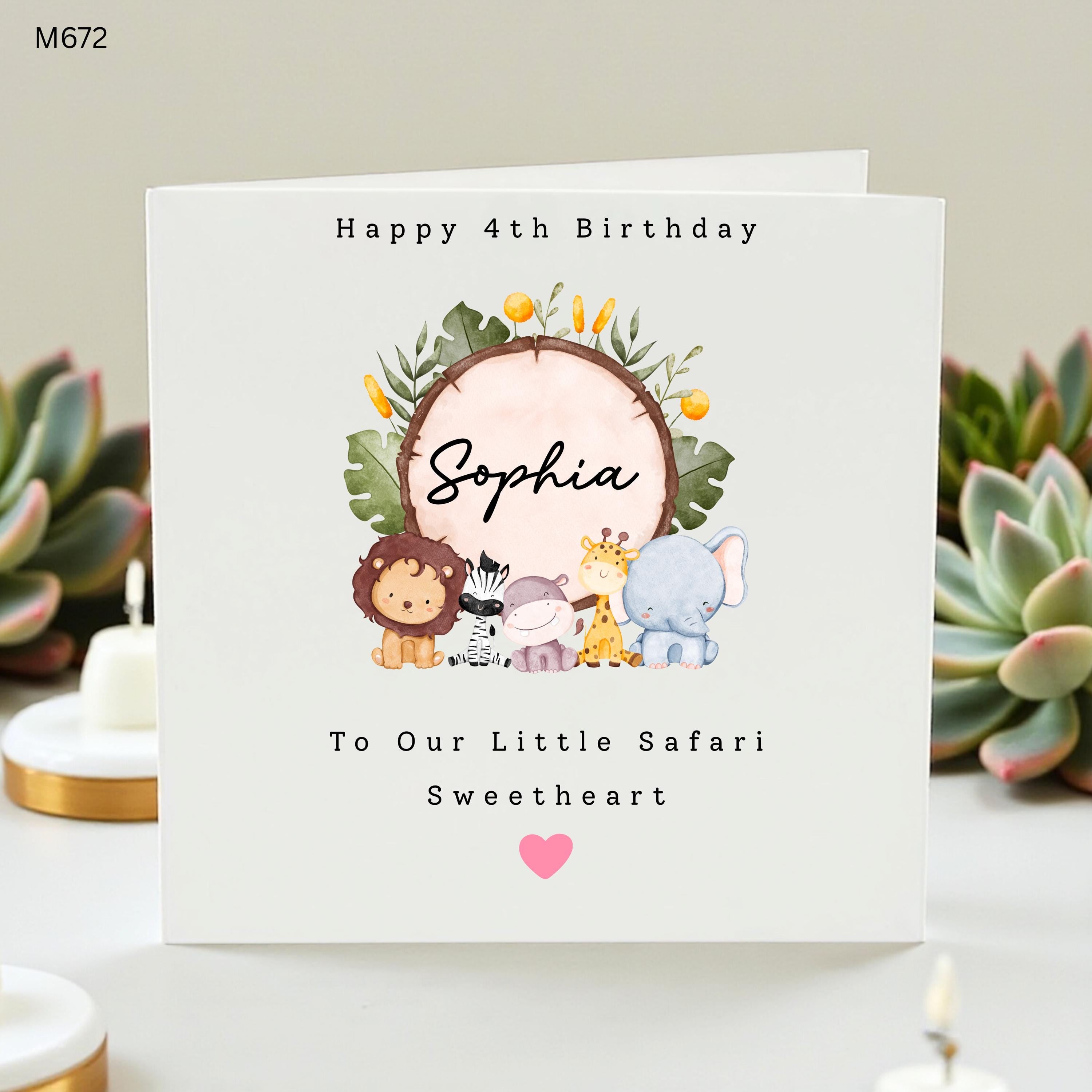Personalised 4th Birthday Card for Daughter, Safari Animals Fourth Birthday Card , Cute Jungle Theme Card Granddaughter, Niece Card