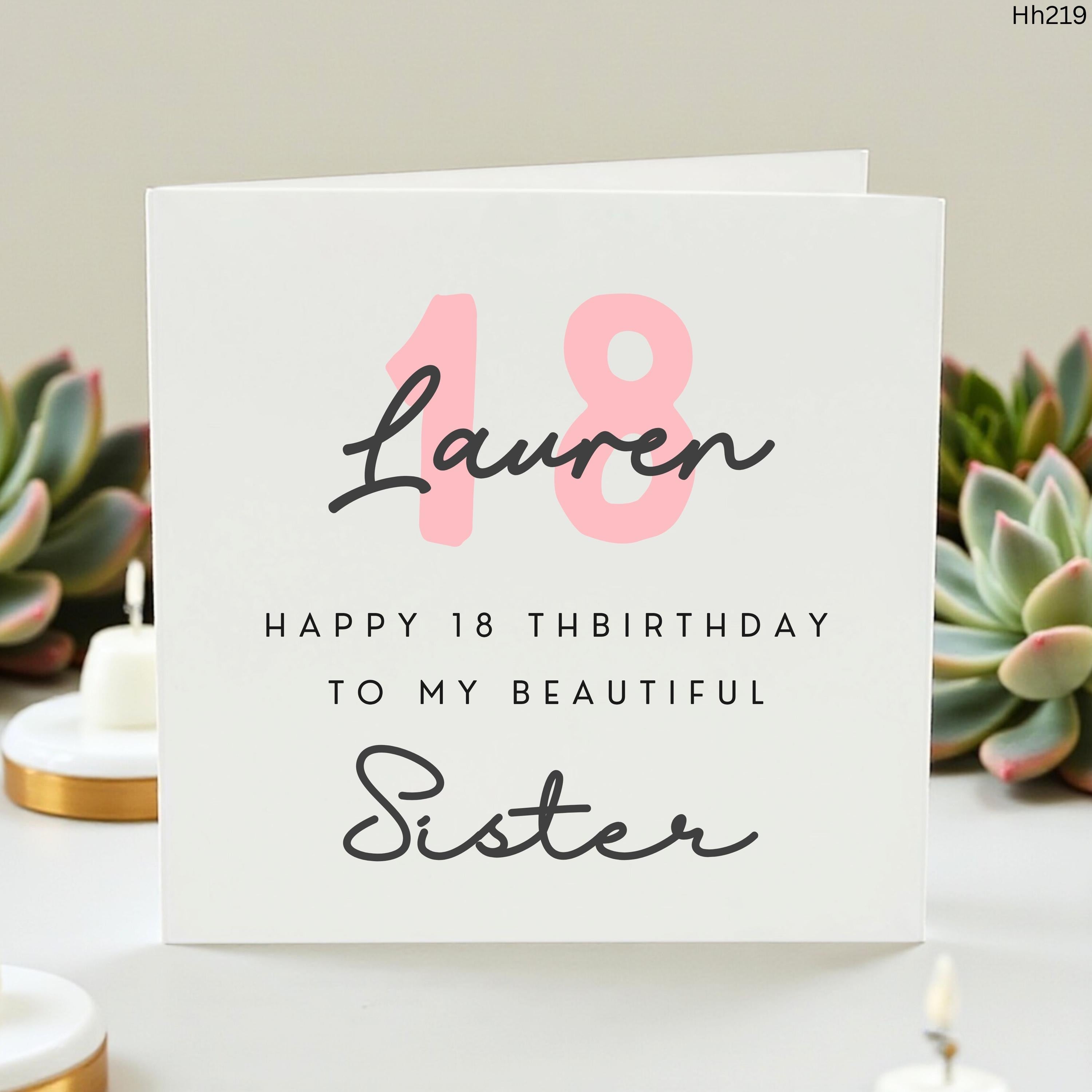 Personalized 18th Birthday Card for Sister, Custom Name Happy 18th Birthday Card for Her, Beautiful Sibling Milestone Greeting Card