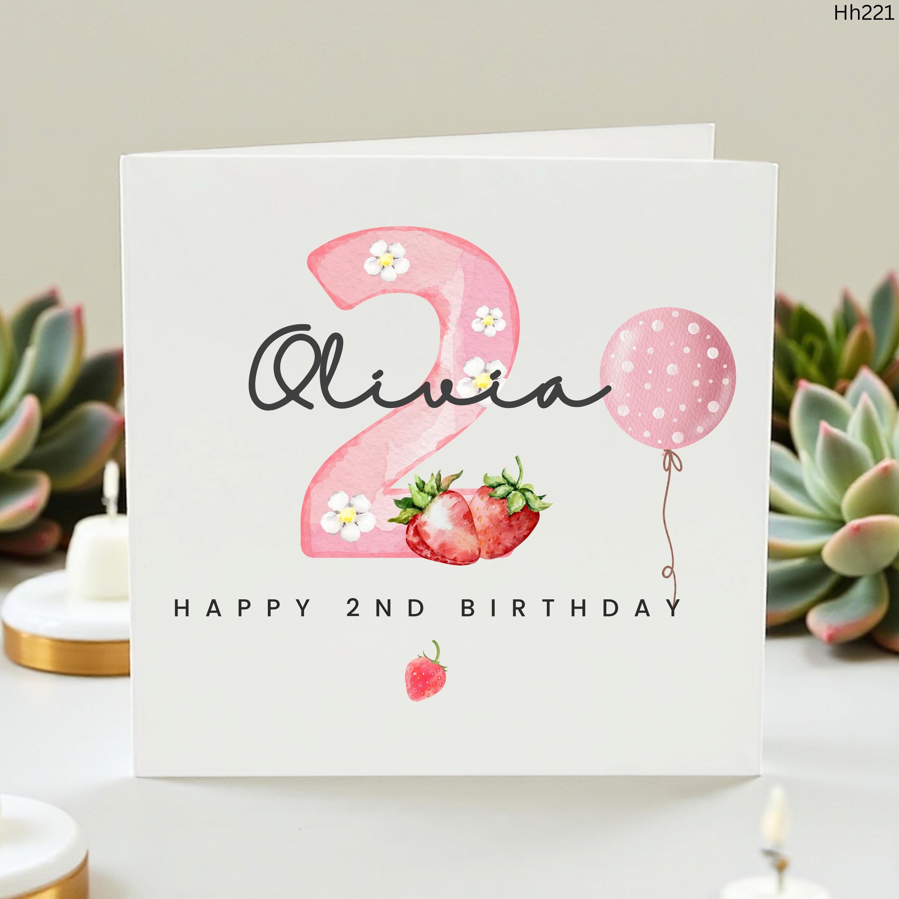 Personalized 2nd Birthday Card for Daughter Granddaughter, Berry Sweet Custom Name Happy Second Birthday Card, Pink Strawberry Theme Age 2