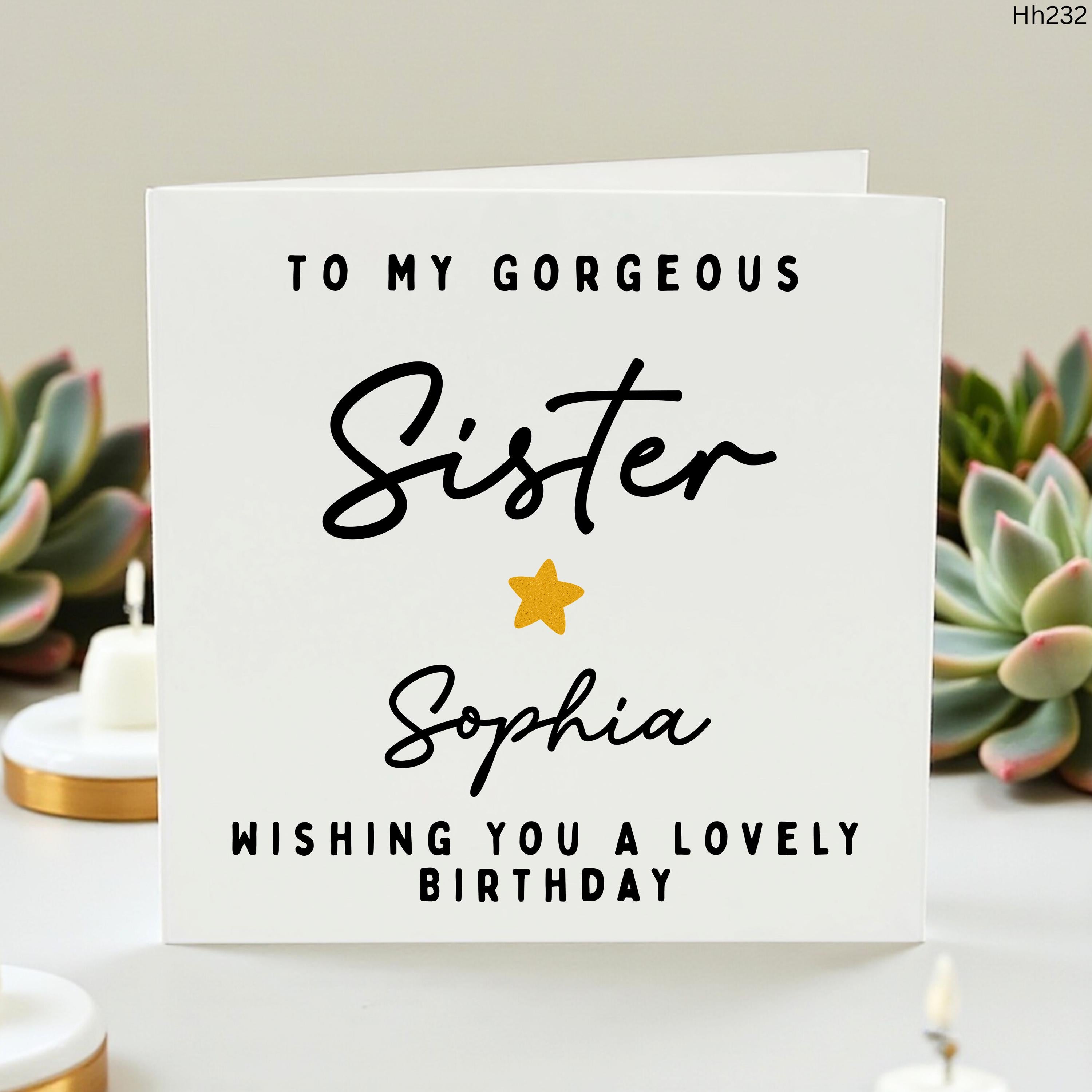 Personalized Sister Birthday Card, Custom Name Birthday Card for Gorgeous Sister, Cute Minimalist Gold Star Greeting Card for Her