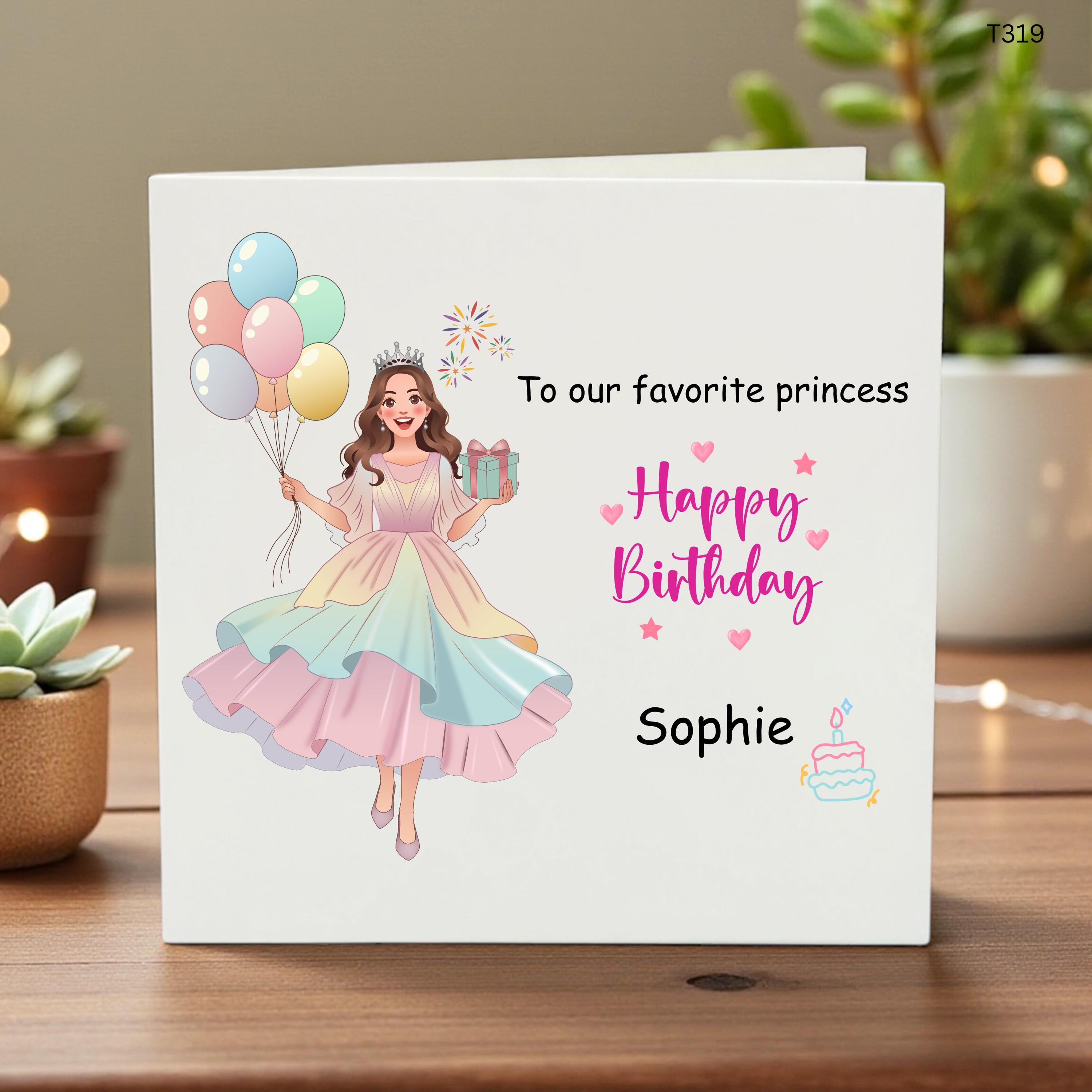 Personalised Princess Birthday Card for Girl, Custom Name Birthday Card, Cute Princess Card for Daughter Niece Granddaughter Sophie