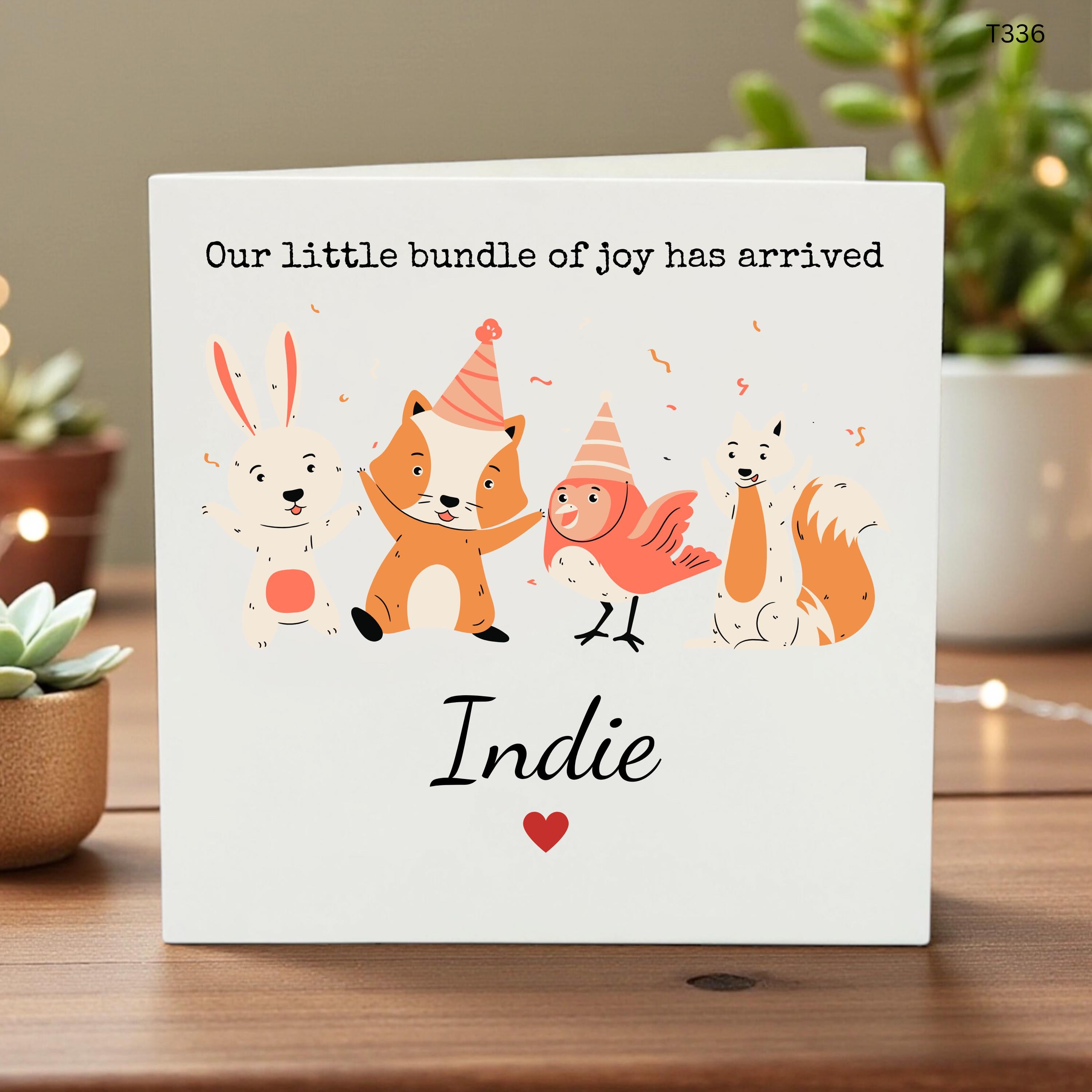 Personalised New Baby Card, Our Little Bundle Of Joy Has Arrived, Cute Woodland Animal Baby Arrival Card, Custom Name Newborn Gift
