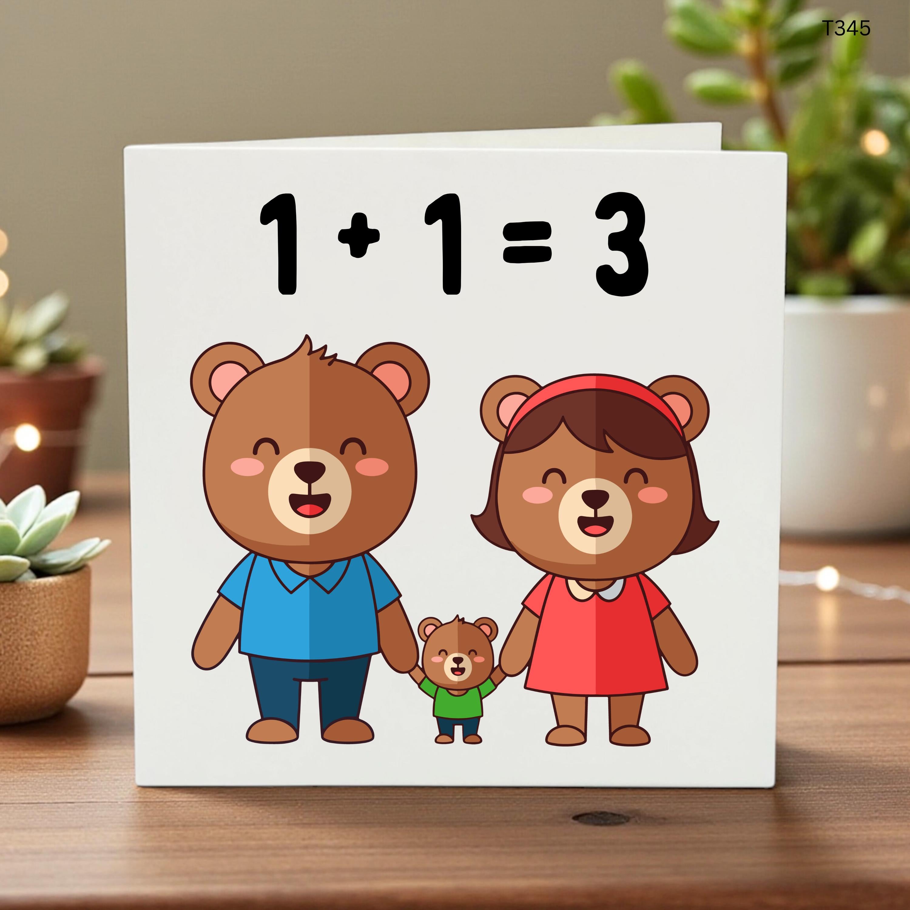 Pregnancy Announcement Card For Grandparents, 1+1=3 Baby Reveal Card, Cute Bear Family Card, New Grandad Grandma Gift