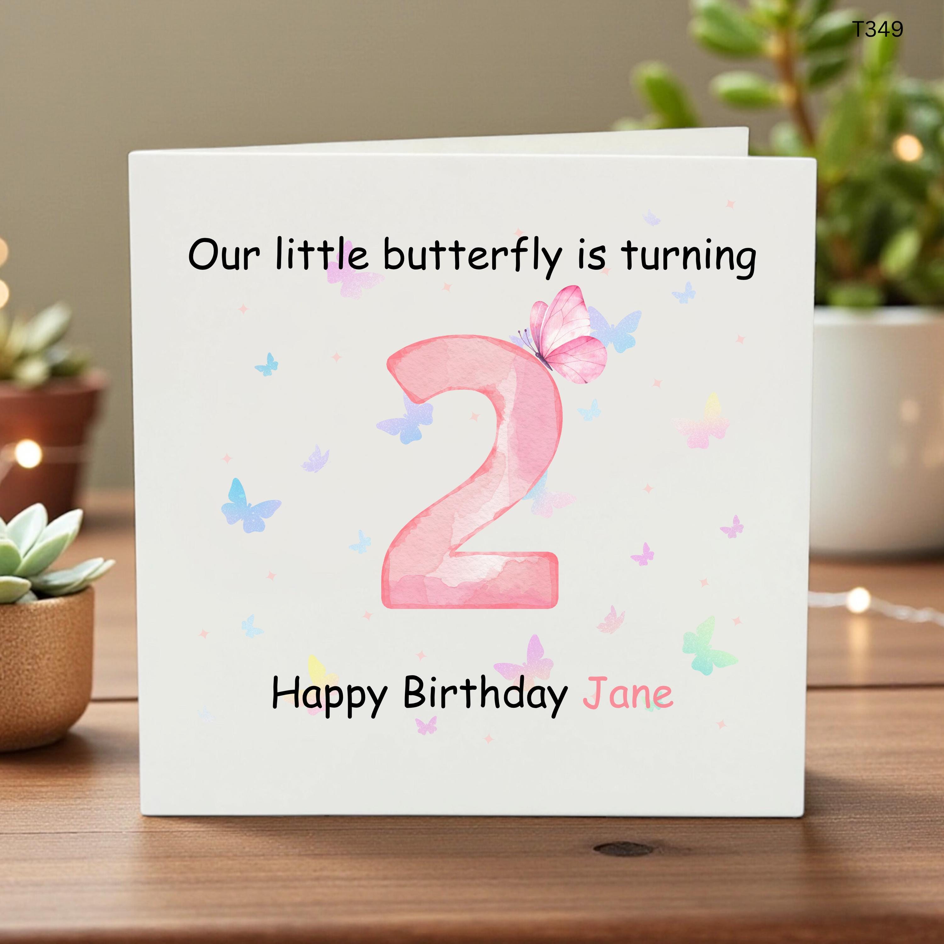 Personalised 2nd Birthday Card For Girl, Our Little Butterfly Is Turning Two, Cute Pink Butterfly Birthday Card, Custom Name Card