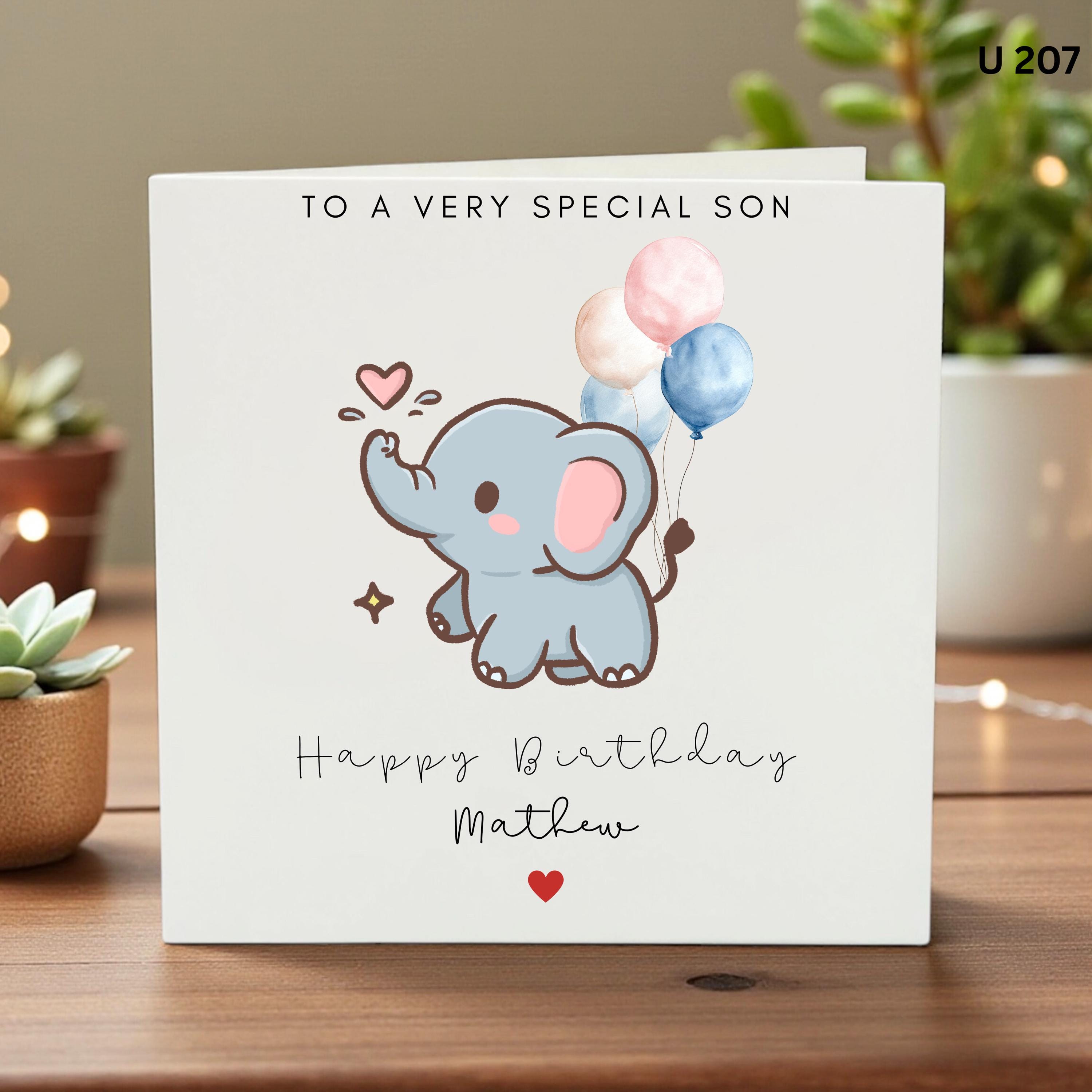 Personalised Son Birthday Card, Cute Elephant Balloon Card for Boy, Special Son Birthday Card, Custom Name Kids Card