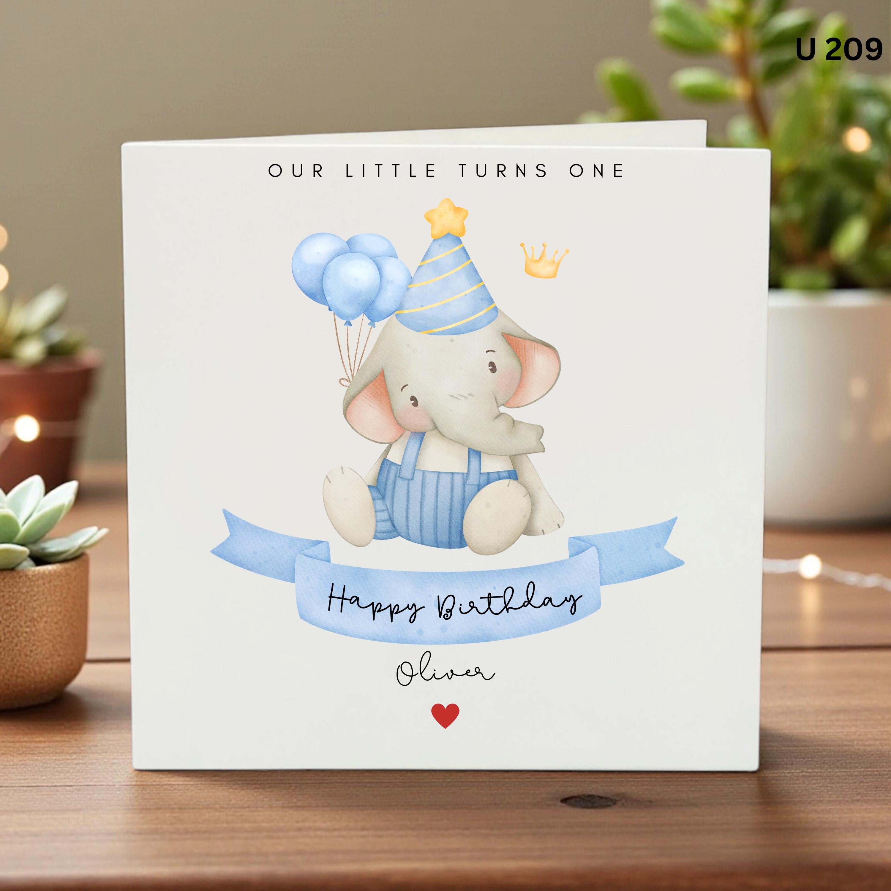 Personalised Baby Boy 1st Birthday Card, Cute Elephant Turns One Card, Blue First Birthday Card, Custom Name Card
