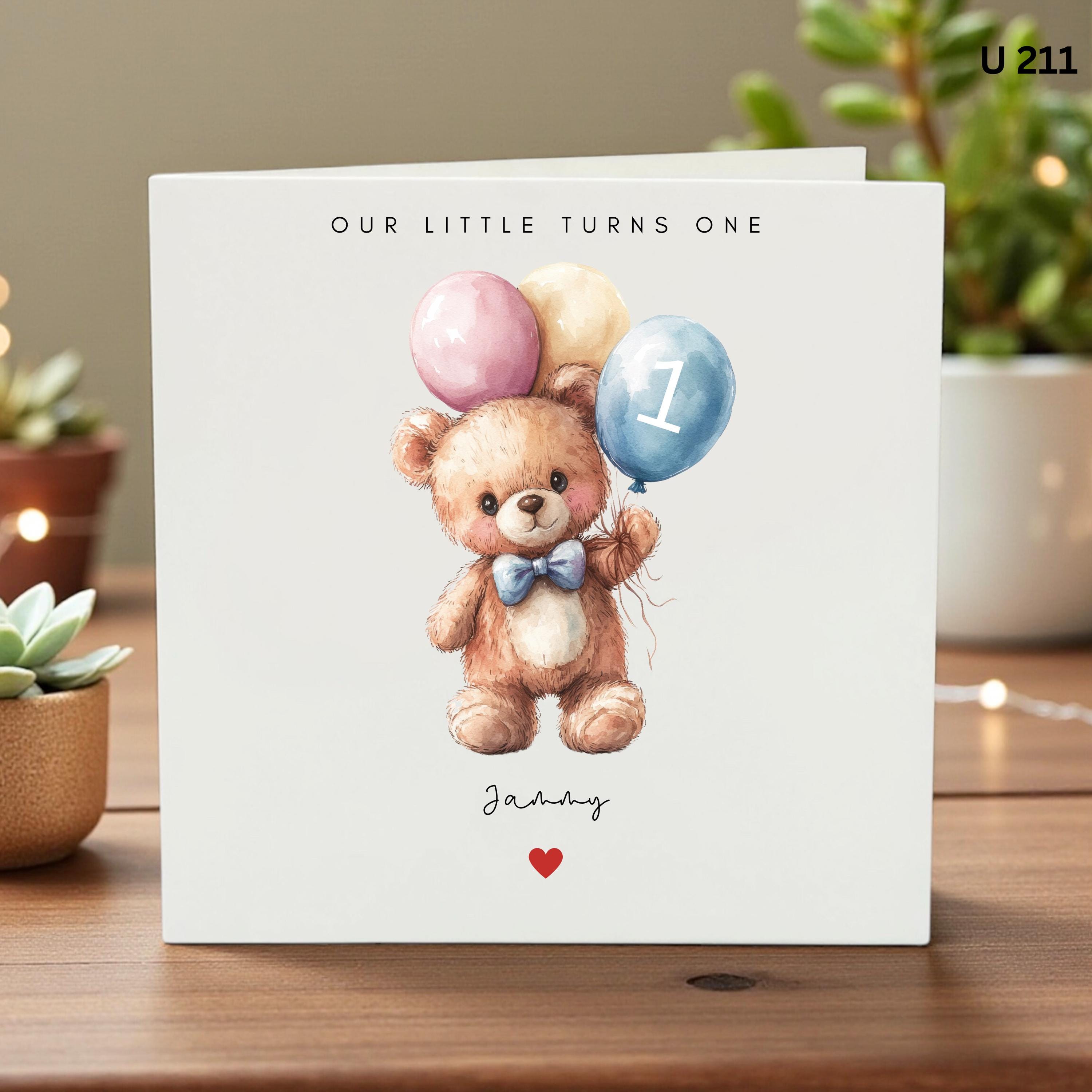 Personalised Teddy Bear 1st Birthday Card, Cute Bear Turns One Card, Baby Boy Girl First Birthday Card, Custom Name Card