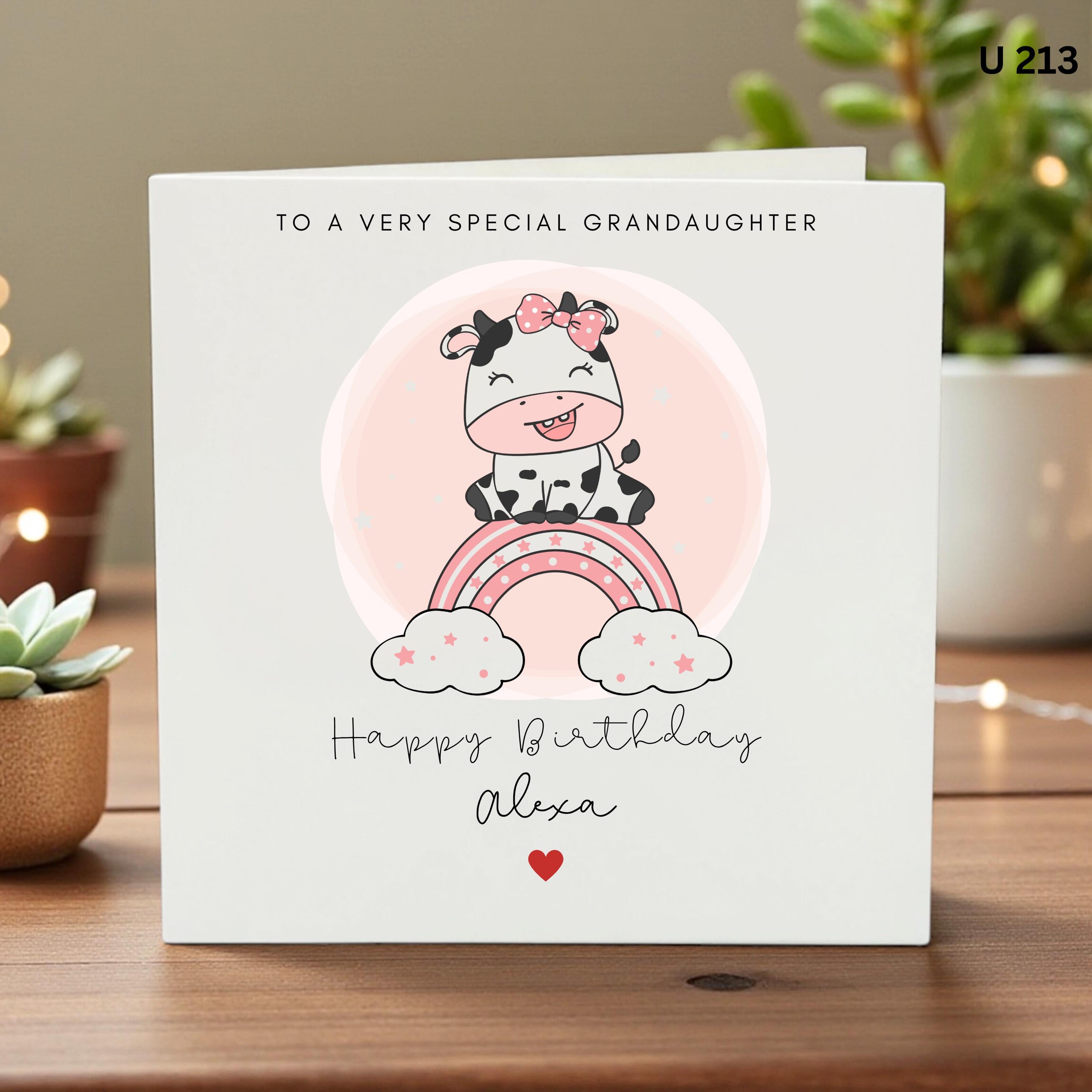 Personalised Granddaughter Birthday Card, Cute Cow Rainbow Card, Special Girl Birthday Card, Custom Name Farm Animal Card
