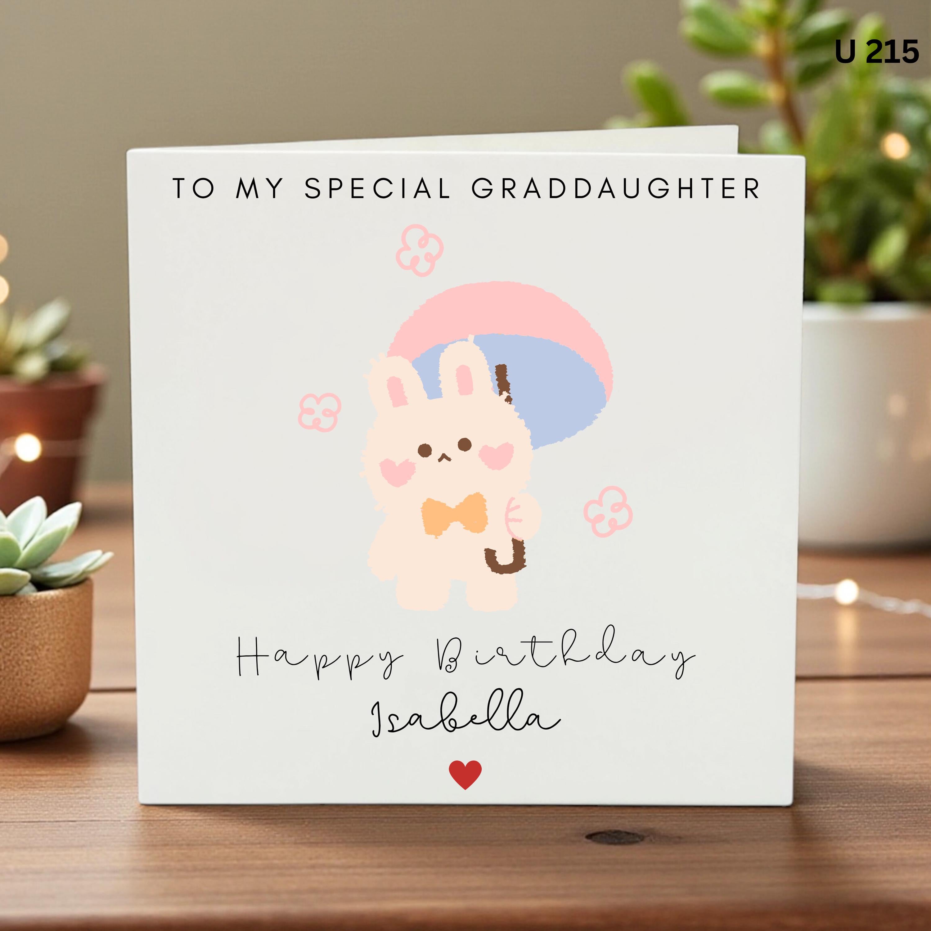 Personalised Granddaughter Birthday Card, Cute Bunny Rabbit Card, Special Girl Birthday Card, Custom Name Pink Kids Card