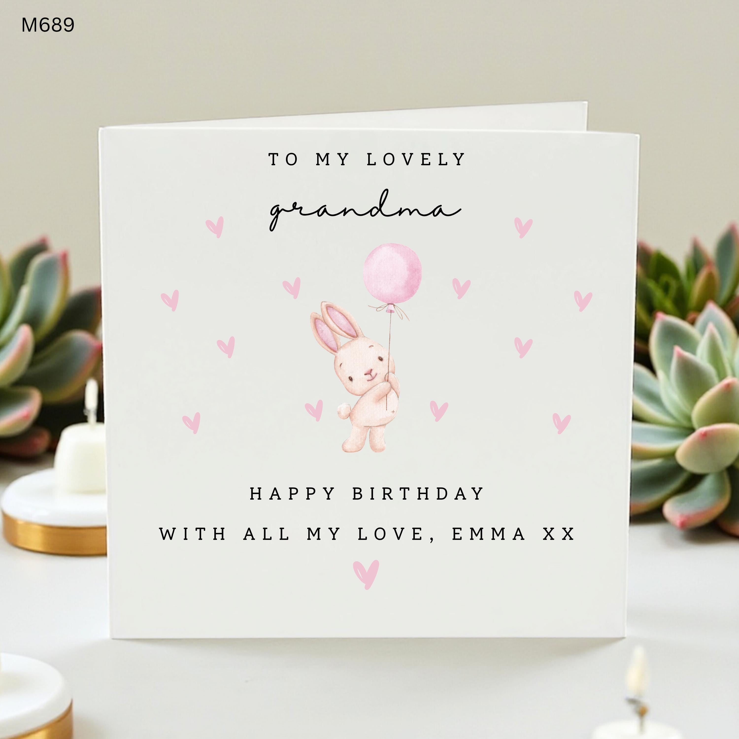 Personalised Grandma Birthday Card, Happy Birthday Grandma, Cute Bunny Balloon Card, Birthday Card from Granddaughter, Custom Nan Gift, Pink