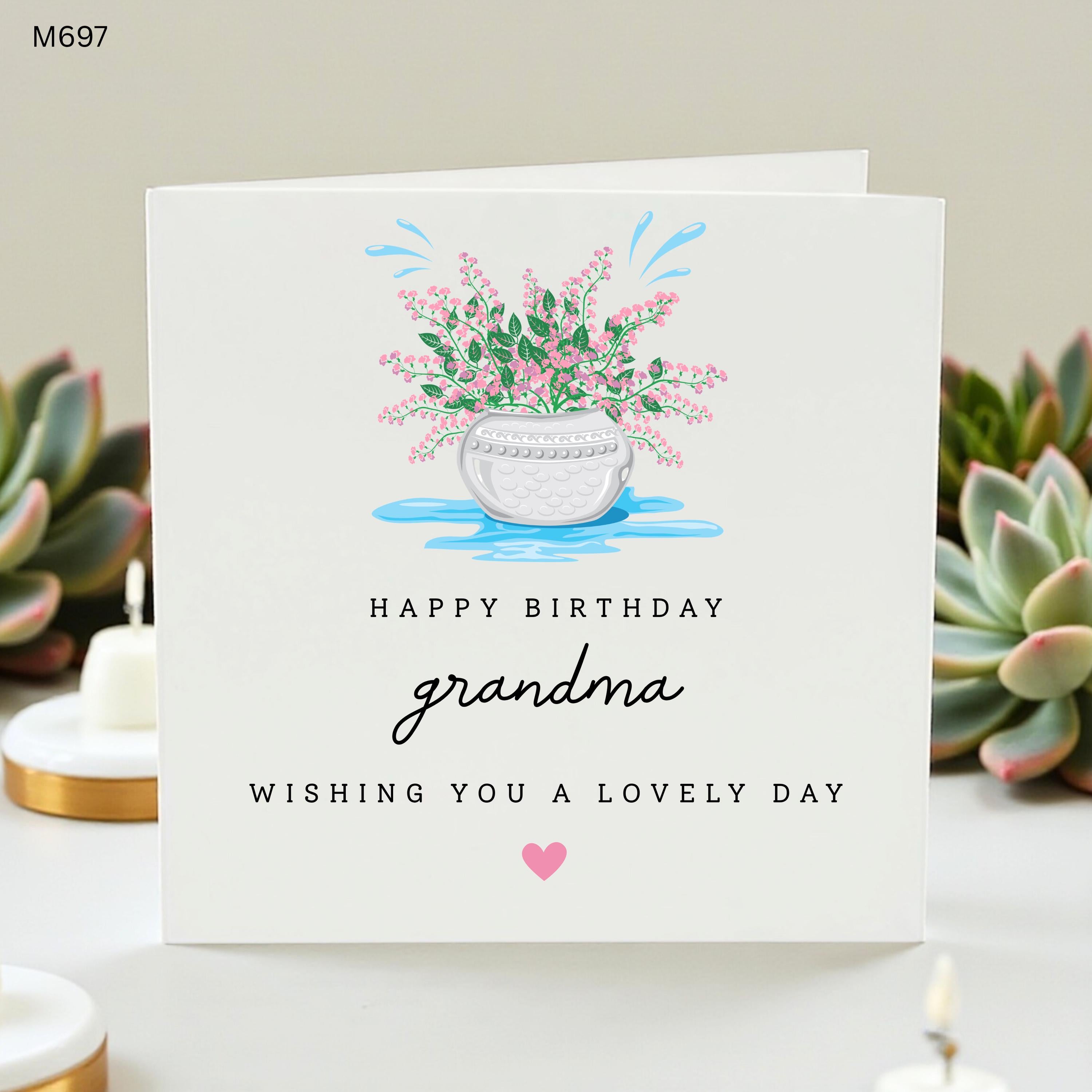Happy Birthday Grandma Card, Cute Floral Greeting Card for Grandmother, Botanical Flower Pot Birthday Card for Nana Gran Granny