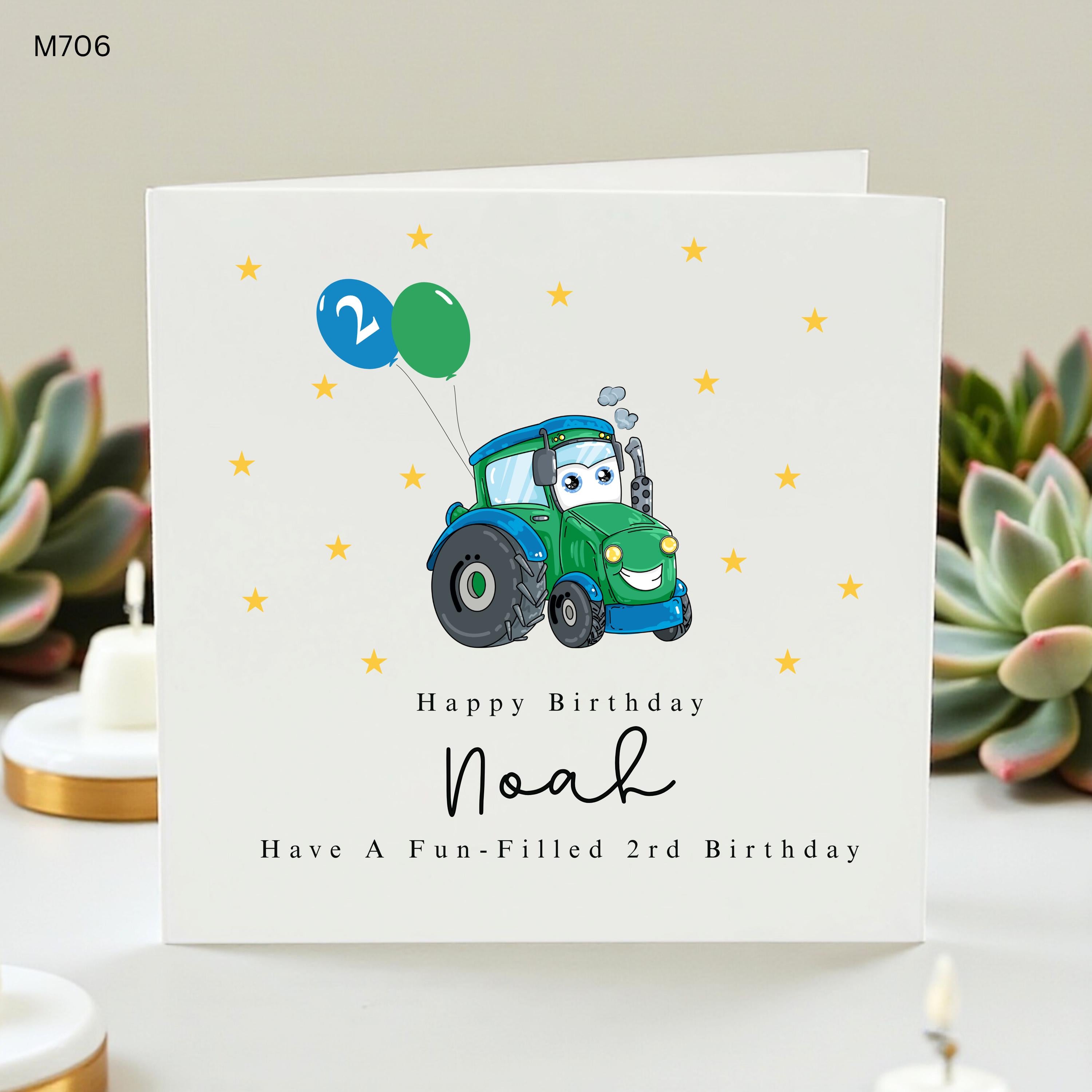Personalized Tractor 2nd Birthday Card for Grandson Son,Custom Name Green Farm Tractor Birthday Card for 2 Year Old Boy Cute Cartoon Tractor