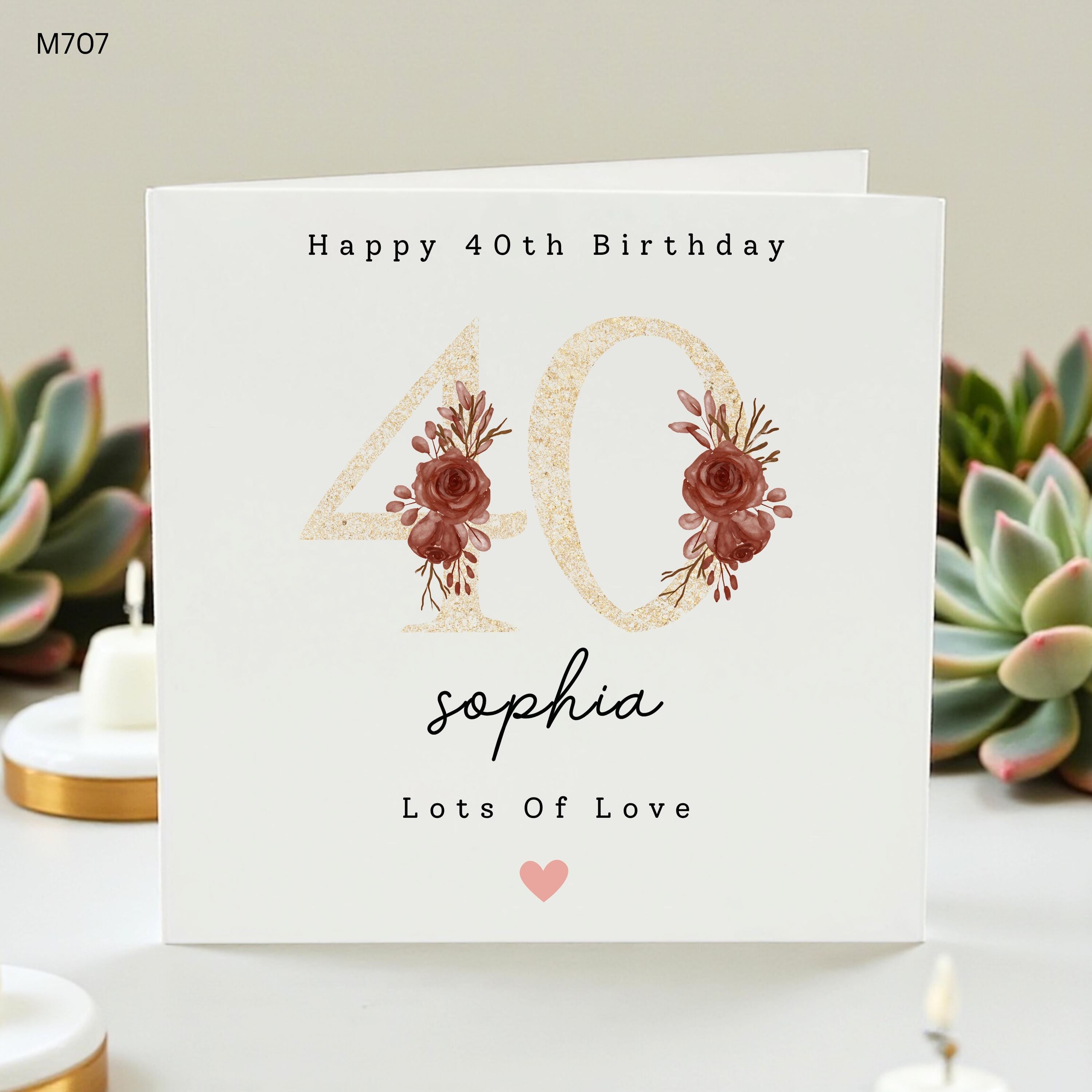 Personalized 40th Birthday Card for Women, Custom Name Gold Floral 40 Birthday Card for Her, Elegant Burgundy Rose Greeting Card for Sister