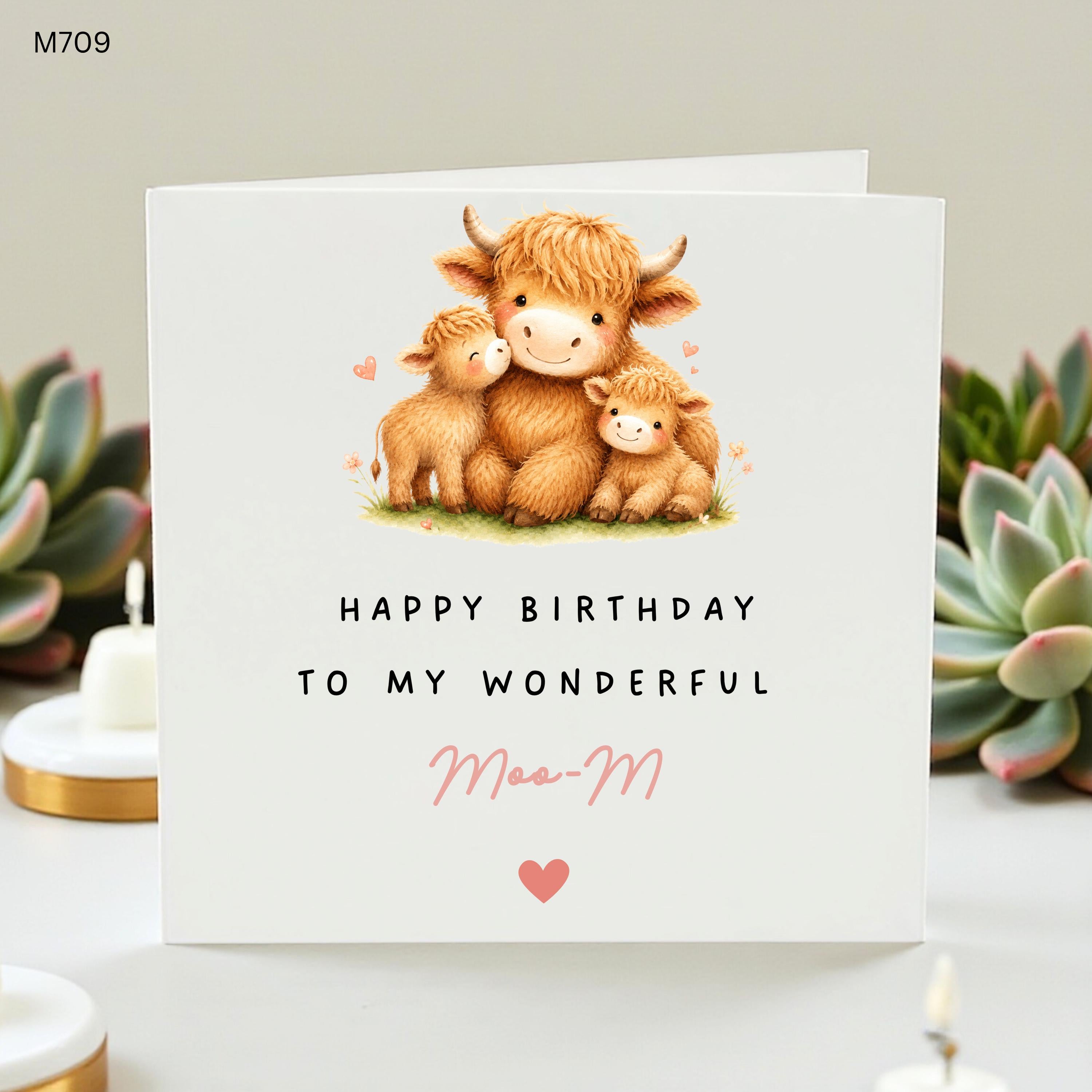 Highland Cow Birthday Card for Mom, Cute Furry Cow Moo Card for Mummy, Personalized Scottish Coo Card for Her, Animal Lover Greeting Card