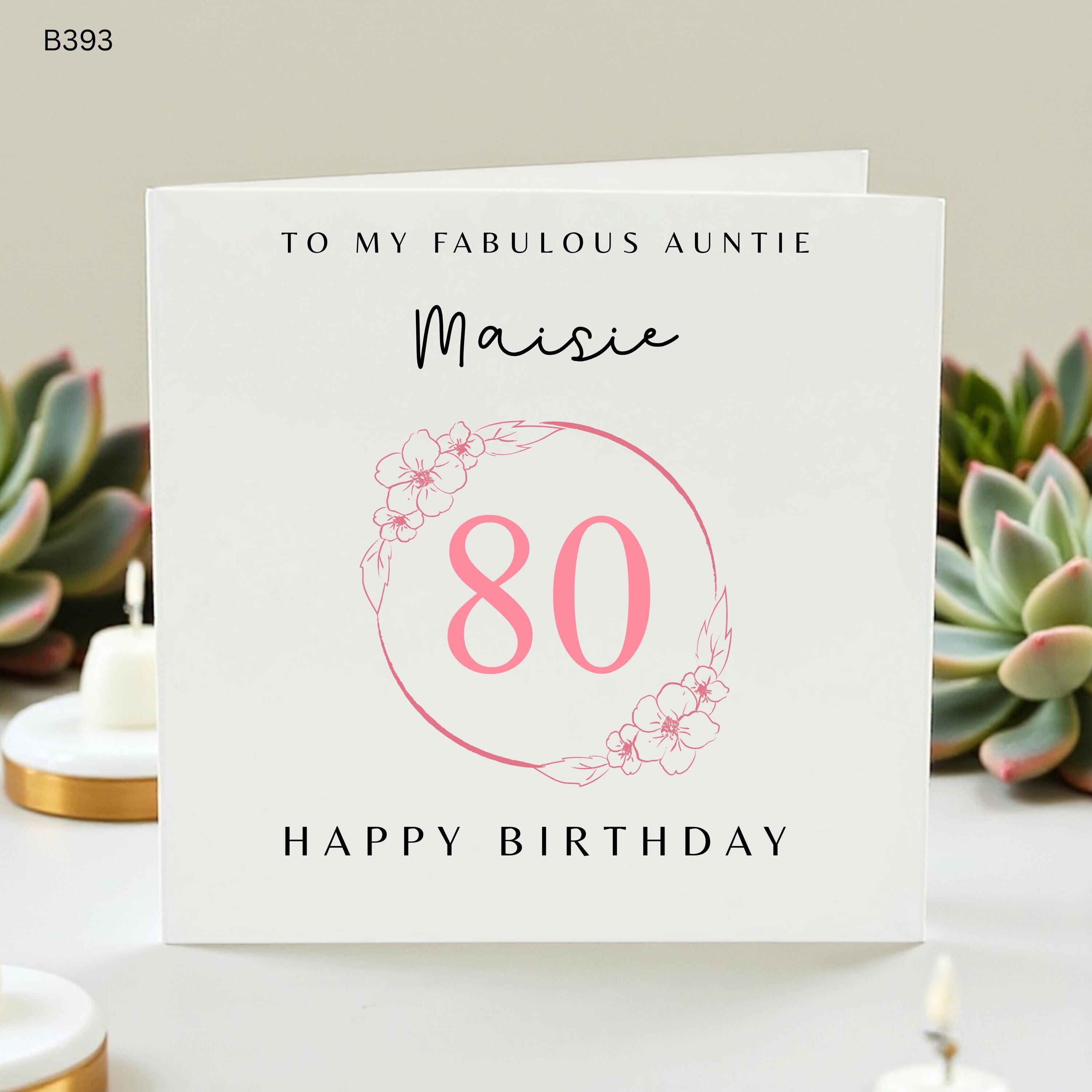 Personalised 80th Birthday Card for Auntie, Custom Name Eighty and Fabulous Greeting Card for Her, Elegant Floral Happy 80th Birthday Card