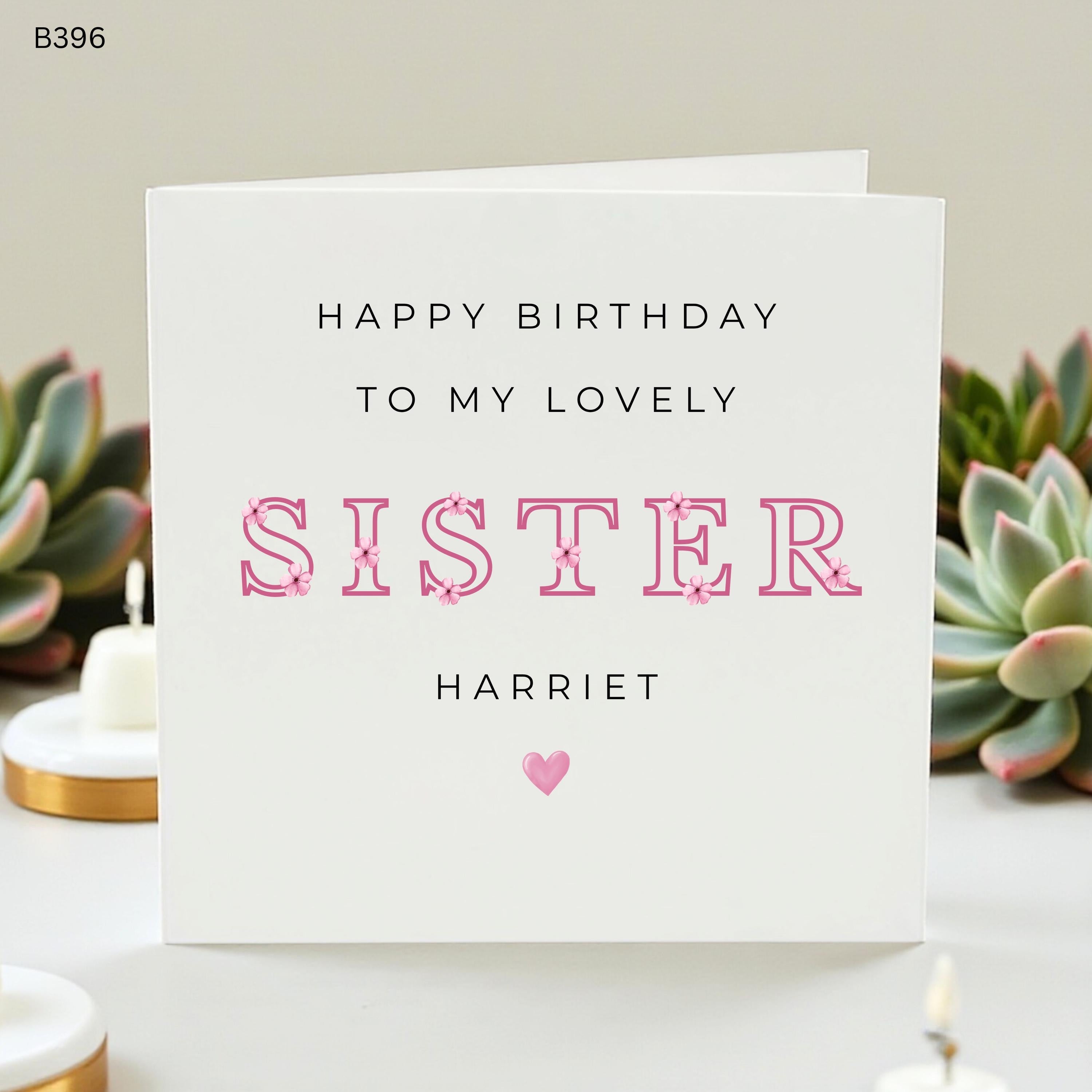 Personalised Sister Birthday Card, Custom Name Lovely Sister Greeting Card, Pink Floral Lettering Birthday Card for Her, Special Sister