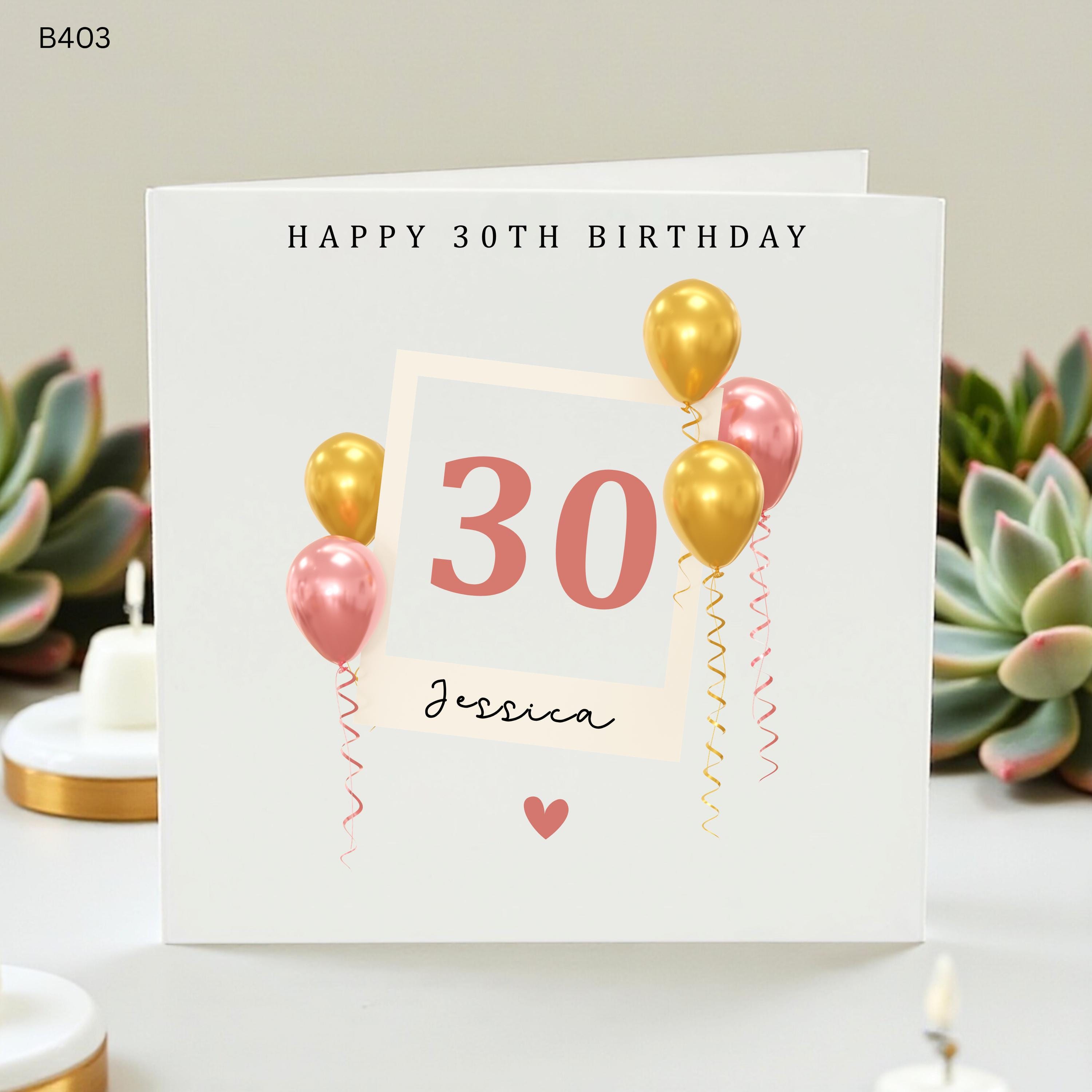 Personalized 30th Birthday Card for Her, Custom Thirtieth Birthday Card Jessica, Rose Gold and Gold Balloon Birthday Card, Polaroid Style