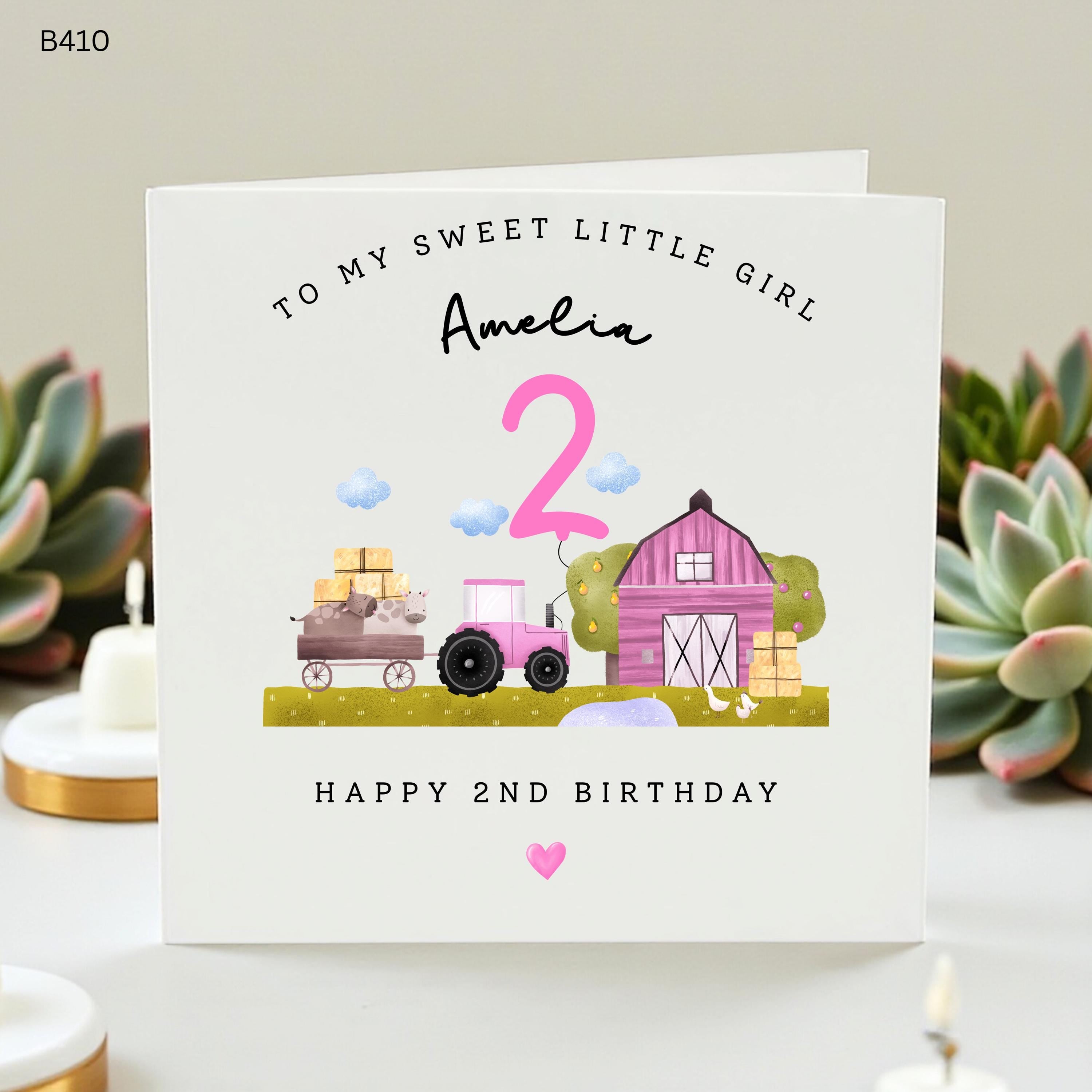 Personalized 2nd Birthday Card for Daughter, Pink Tractor Farm Birthday Card Girl, Custom Amelia Barnyard Card, Sweet Little Girl Turning 2