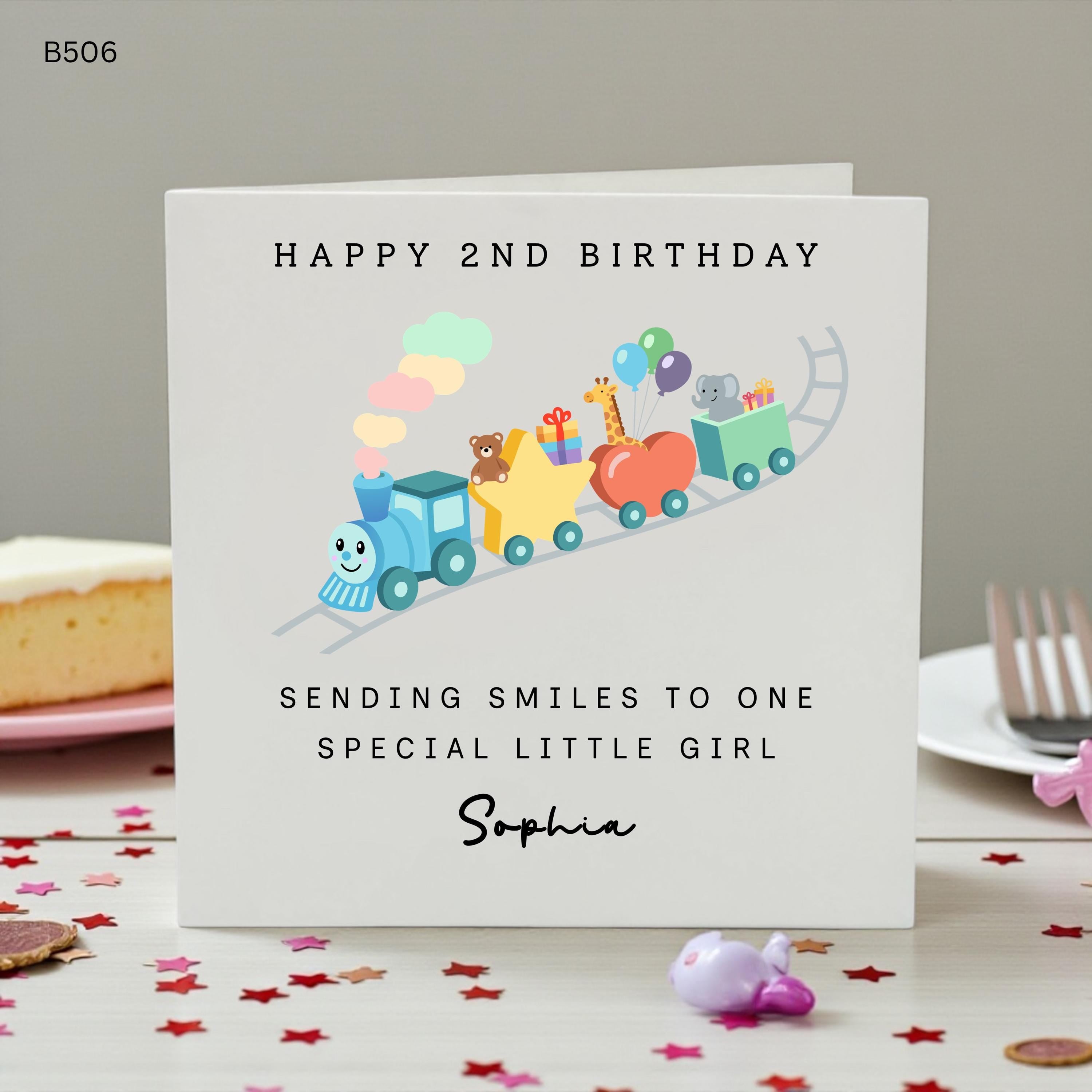 Personalised 2nd Birthday Card for Girl, Cute Animal Train Birthday Card, Daughter Granddaughter Niece Second Birthday Card