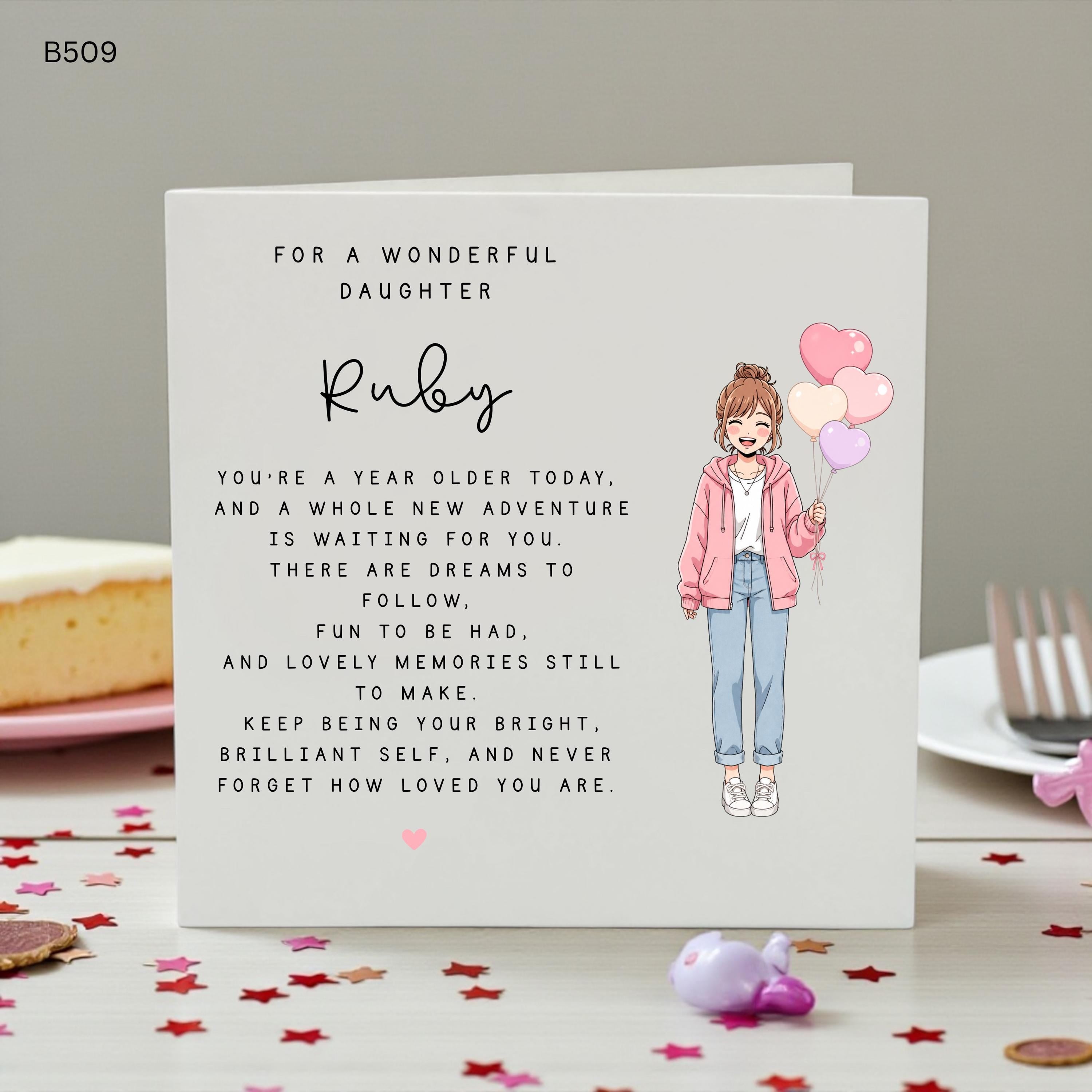 Personalised Daughter Birthday Card, Cute Girl with Balloons Card, Custom Name Birthday Card for Daughter, Teen Girl Keepsake Card