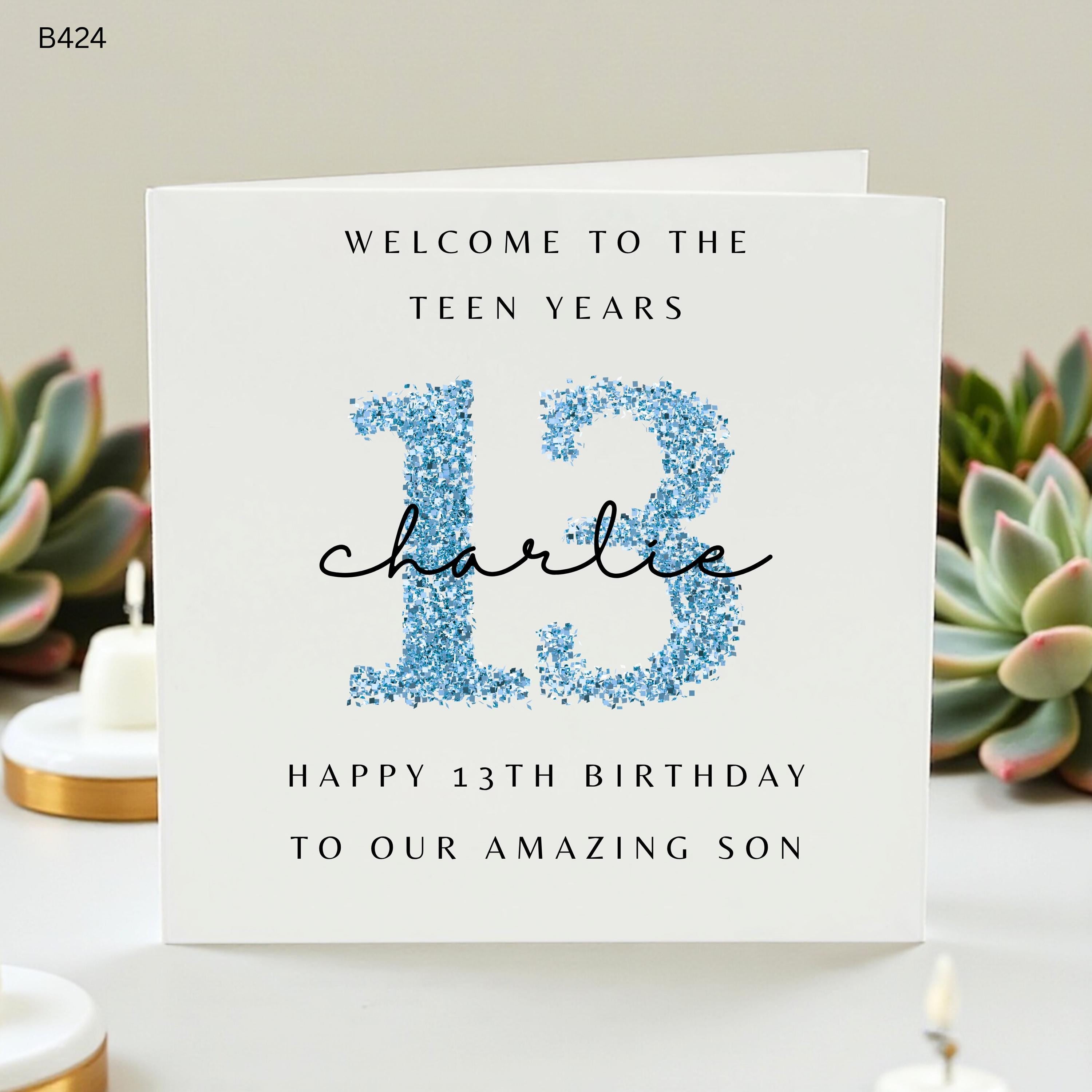 Personalized 13th Birthday Card, Custom Name Charlie Teenager Card, Welcome to the Teen Years, Blue Glitter Number Card for Amazing Son