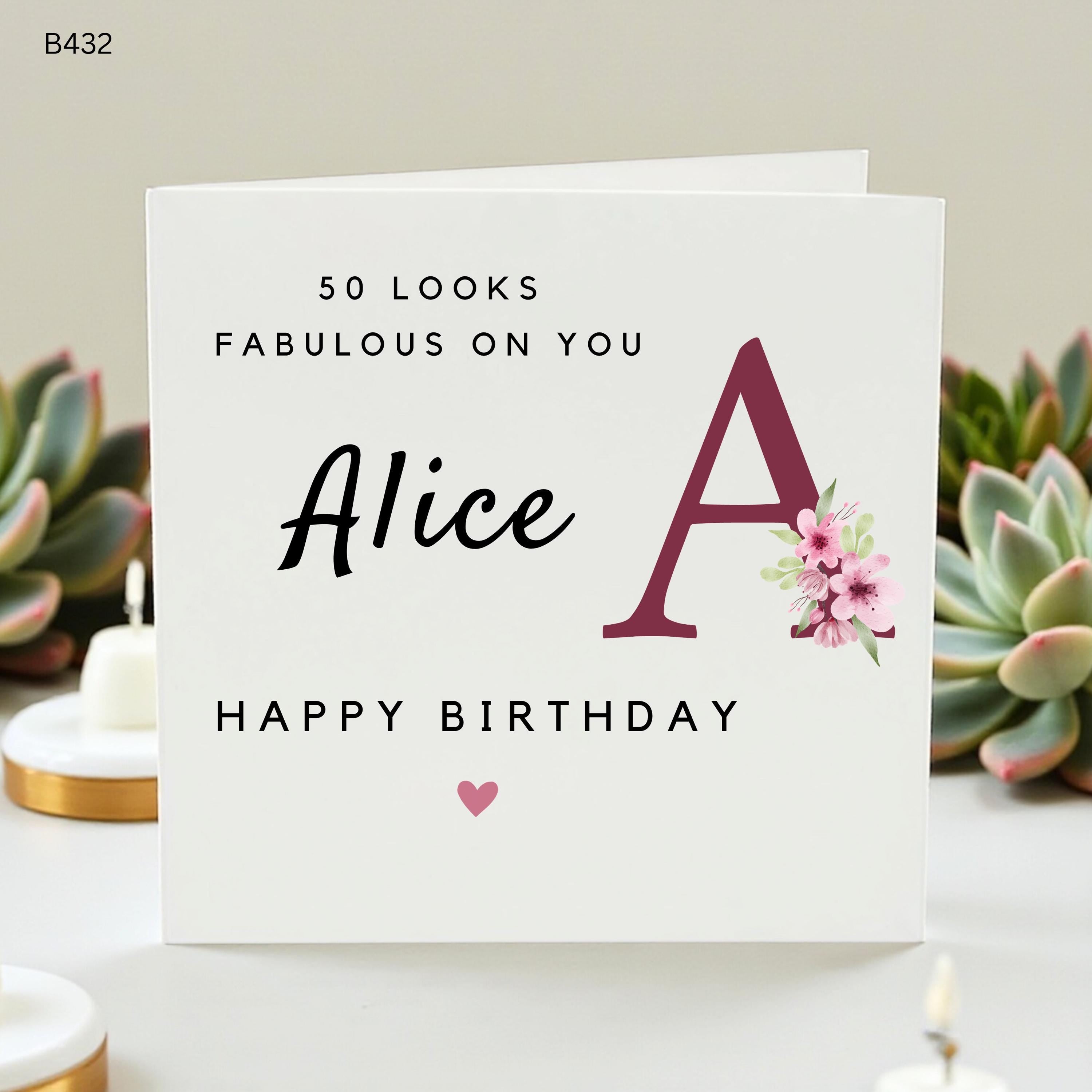 Personalized 50th Birthday Card for Her, Custom Monogram Fiftieth Birthday Gift Floral Initial Card for Women Mom Sister Best Friend Elegant