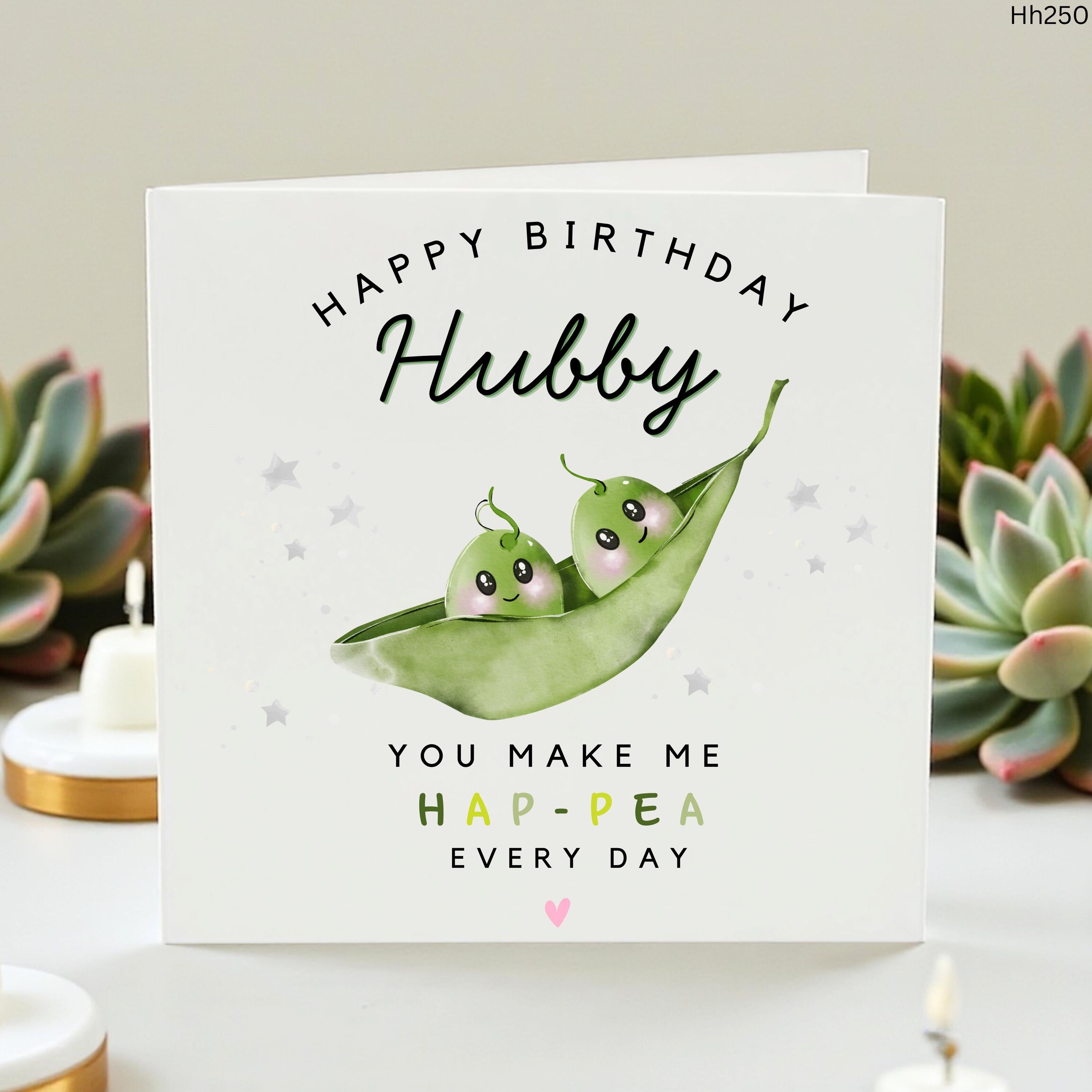 Hubby Birthday Card, You Make Me Happea Cute Husband Card, Funny Peas in a Pod Birthday Card for Him, Sweet Food Pun Greeting Card, Romantic