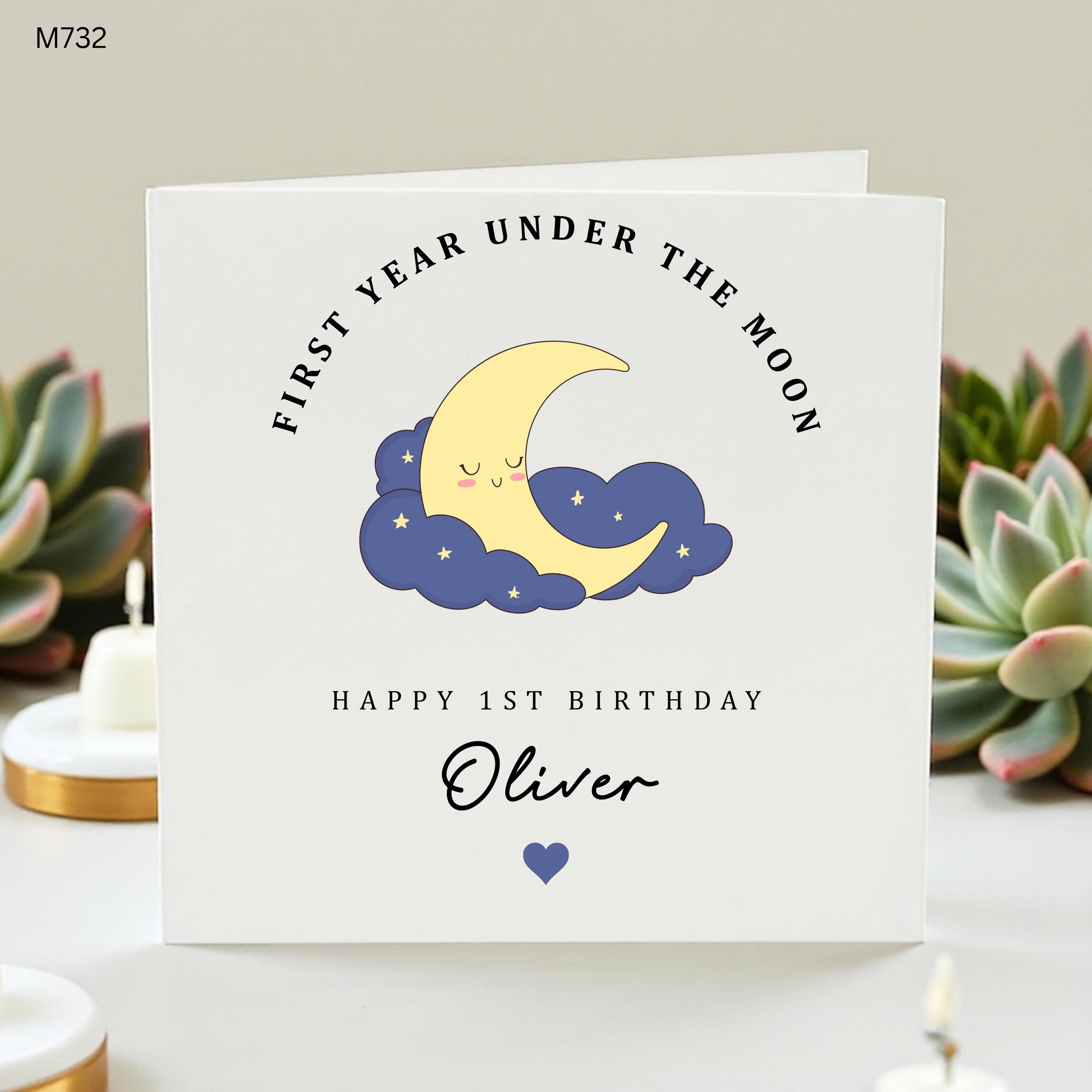 Personalised 1st Birthday Card For Boy, First Year Under The Moon Card, Moon And Stars Birthday Card For Son Grandson Nephew