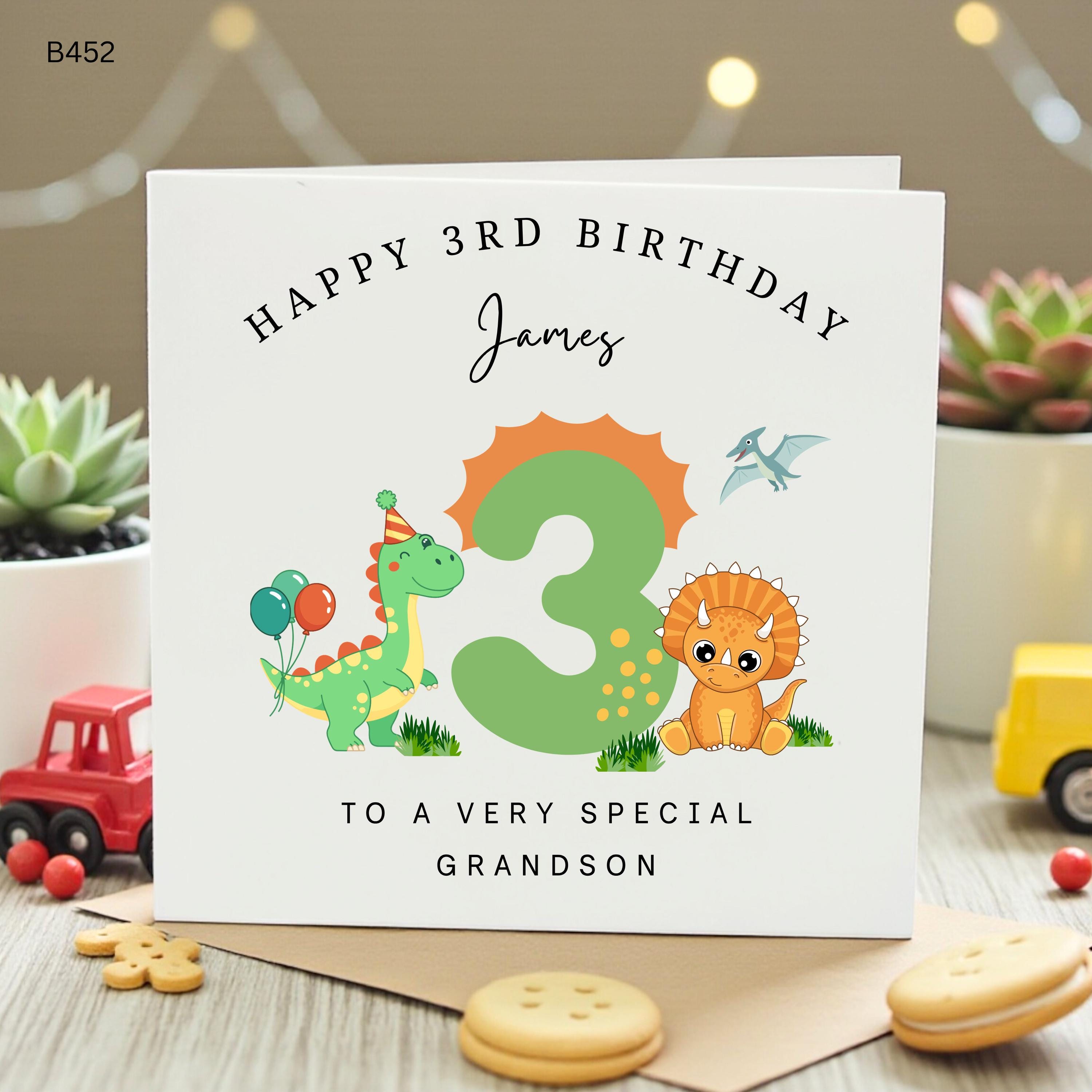 Personalised Grandson 3rd Birthday Card, Cute Dinosaur Third Birthday Card, Custom Name Boys Birthday Card for Special Grandson