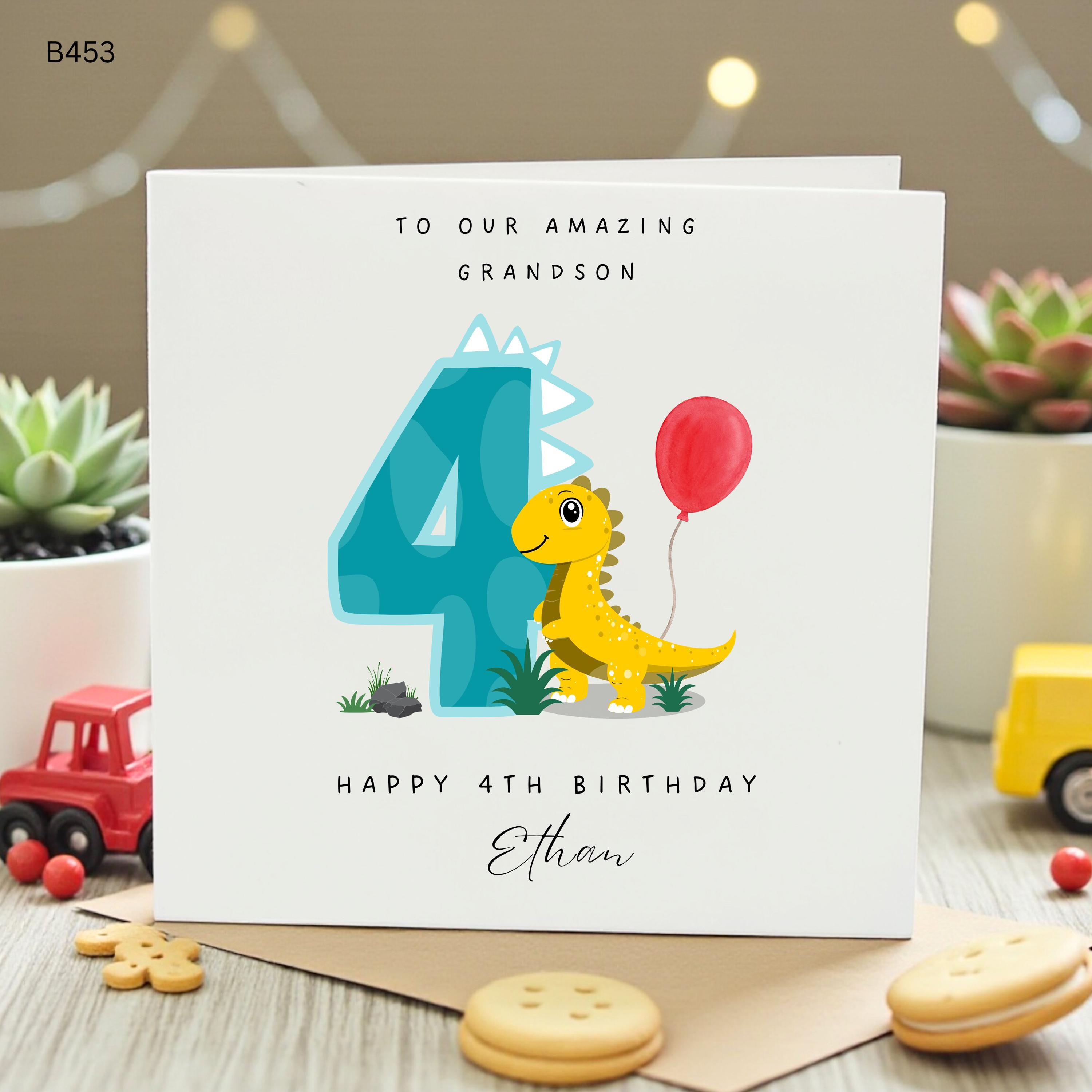 Personalised Grandson 4th Birthday Card, Cute Dinosaur Fourth Birthday Card, Custom Name Boys Birthday Card for Amazing Grandson