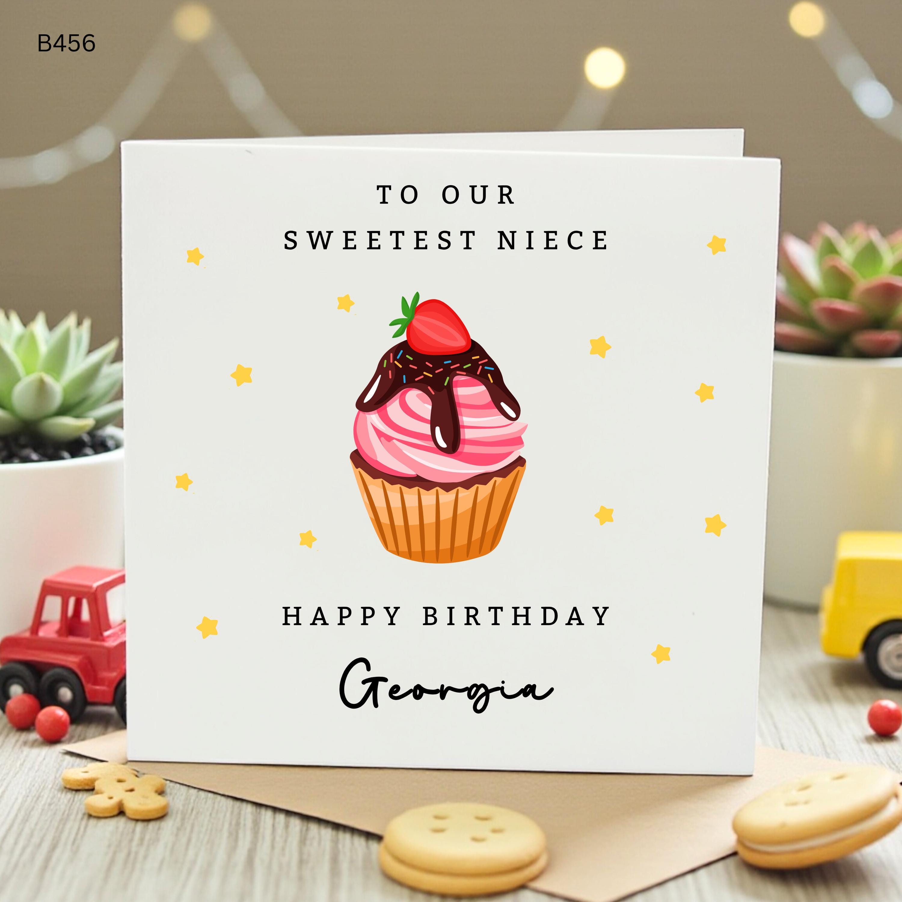 Personalised Niece Birthday Card, Cute Cupcake Birthday Card for Sweetest Niece, Custom Name Girls Birthday Card for Her