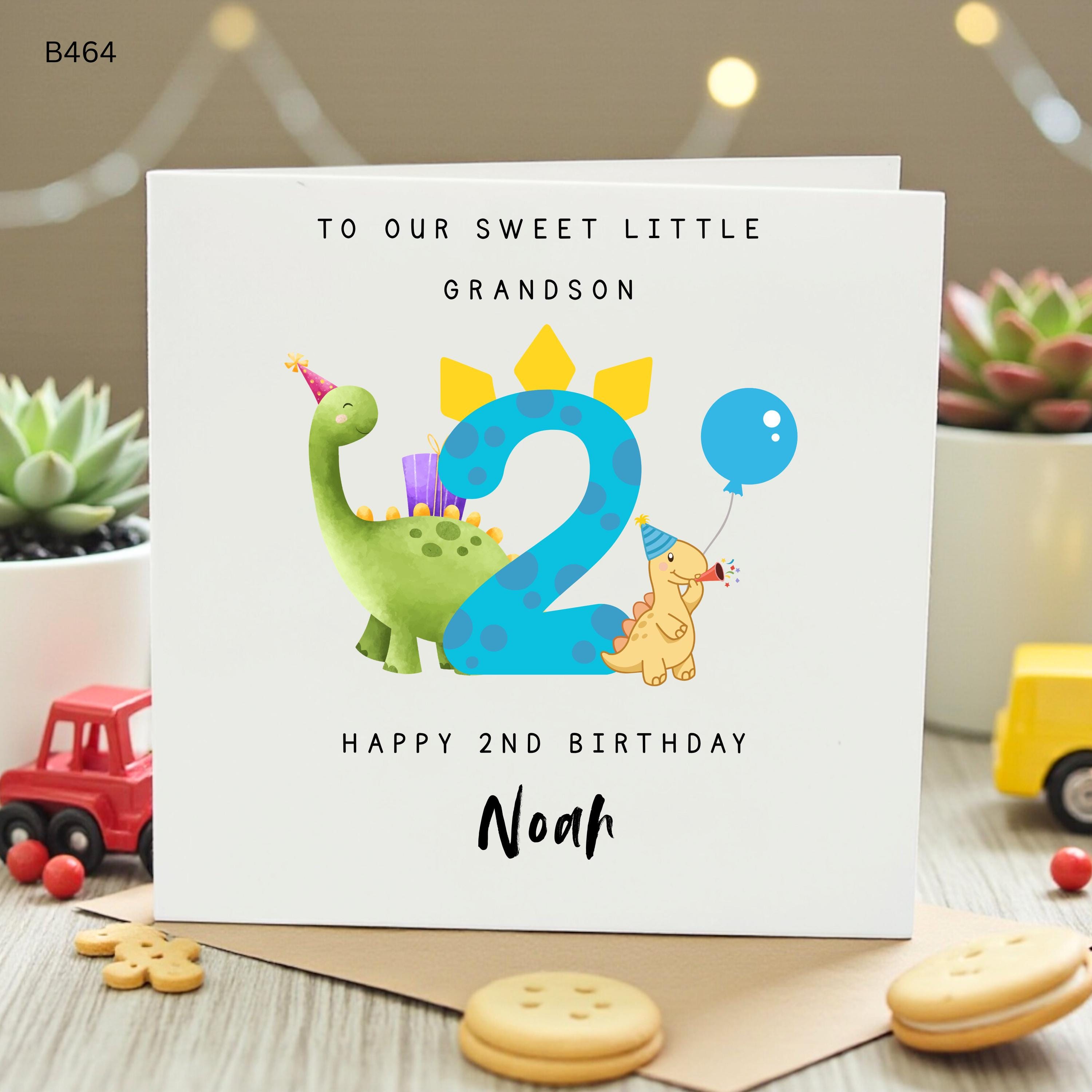 Personalised Grandson 2nd Birthday Card, Dinosaur Second Birthday Card, Blue Number 2 Card, Cute Boy Birthday Card, Kids Card