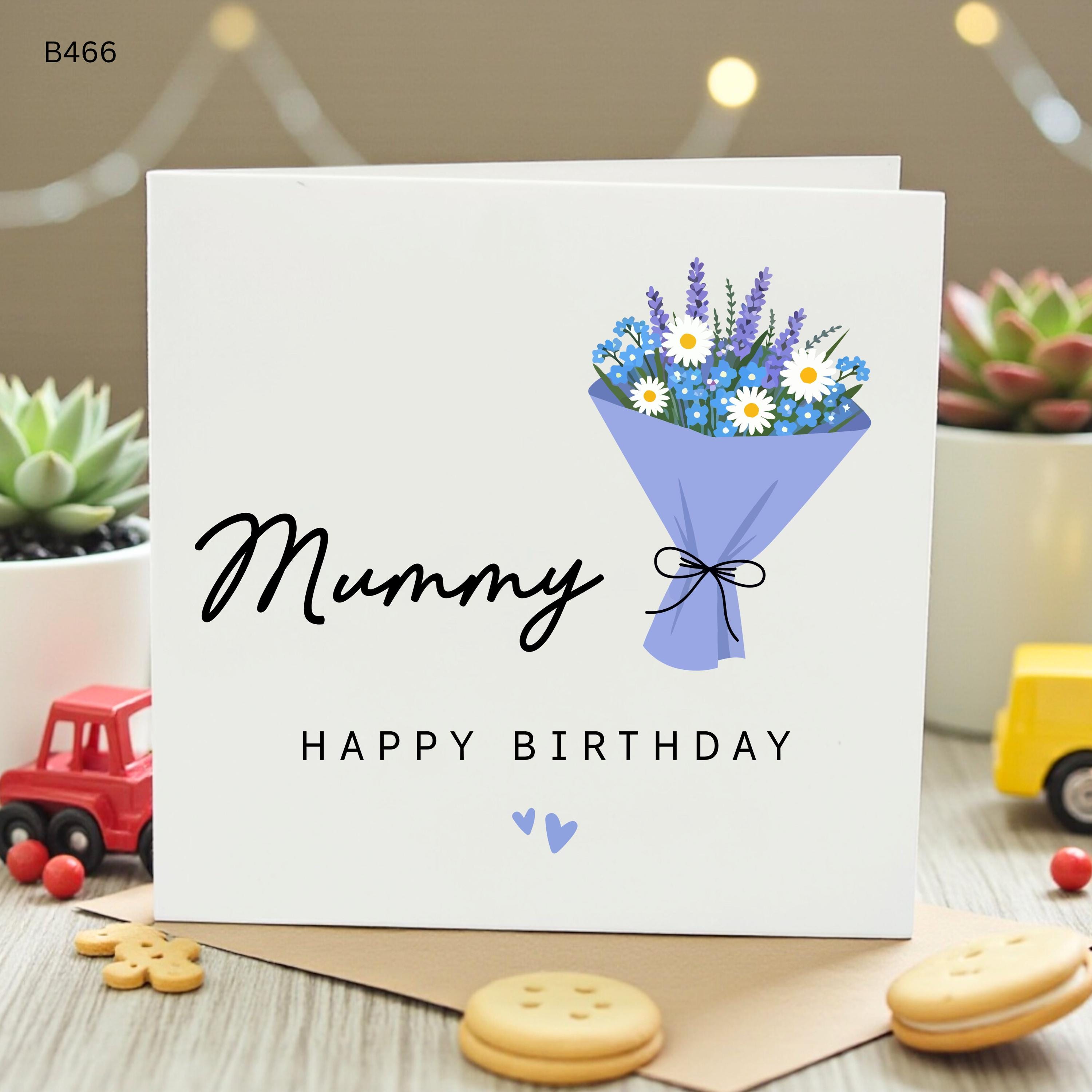 Personalised Mummy Birthday Card, Floral Bouquet Mum Birthday Card, Blue Flower Card for Mummy, From Son Daughter, Cute Mum Card