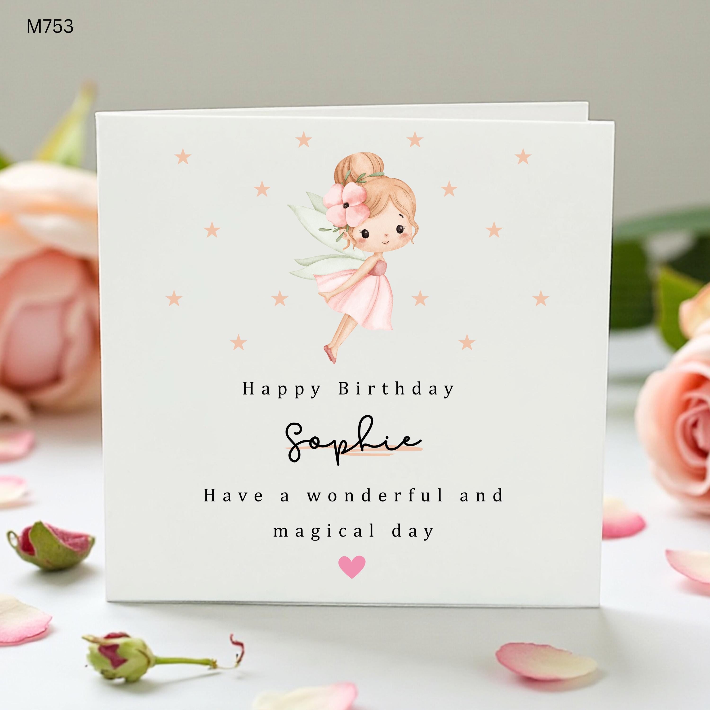 Personalised Girls Birthday Card, Cute Fairy Flower Birthday Card, Magical Card for Daughter Niece Granddaughter, Custom Name Card