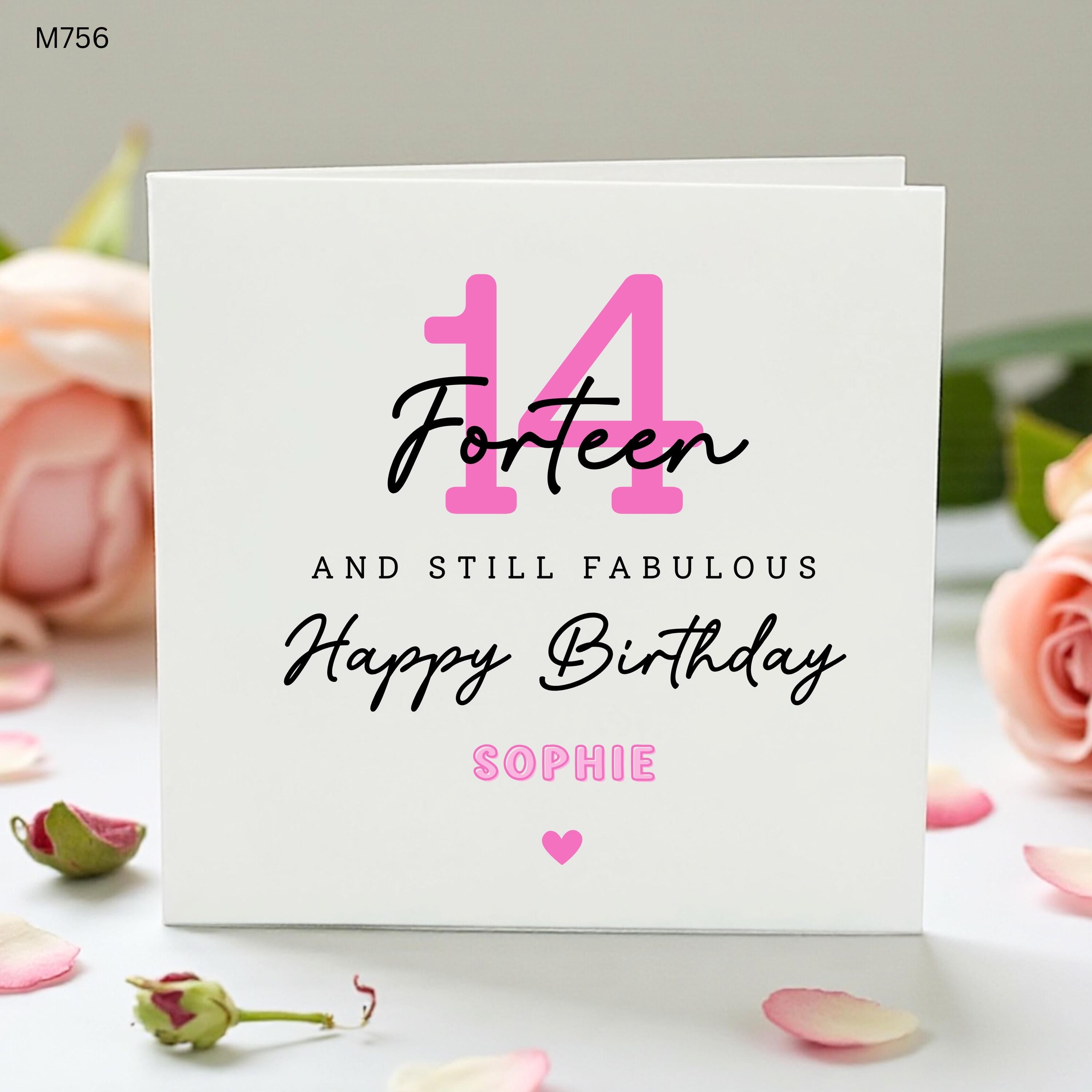 Personalised 14th Birthday Card, Pink Fourteen Birthday Card for Teen Girl, Custom Name Card for Daughter Niece Granddaughter