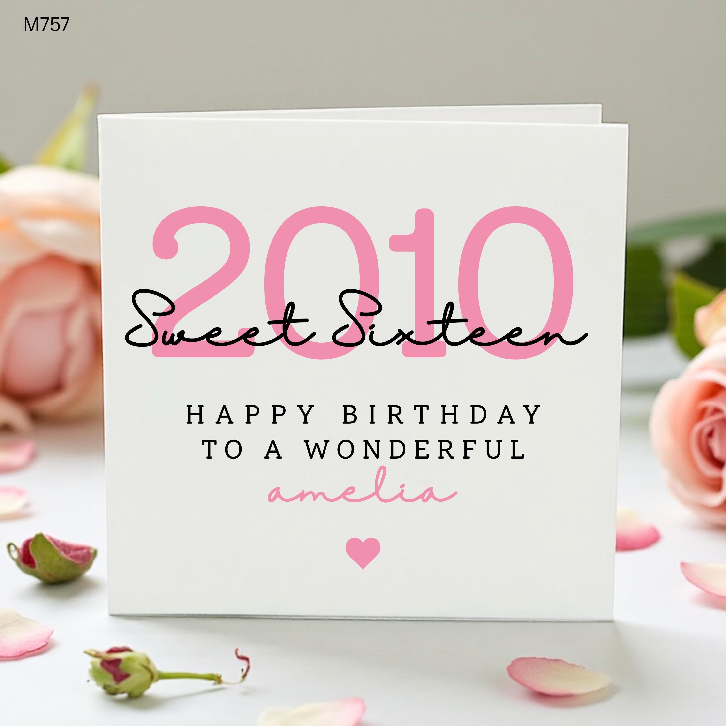 Personalised 16th Birthday Card for Girl, Sweet Sixteen 2010 Card, Custom Name Daughter Granddaughter Niece Birthday Card Pink