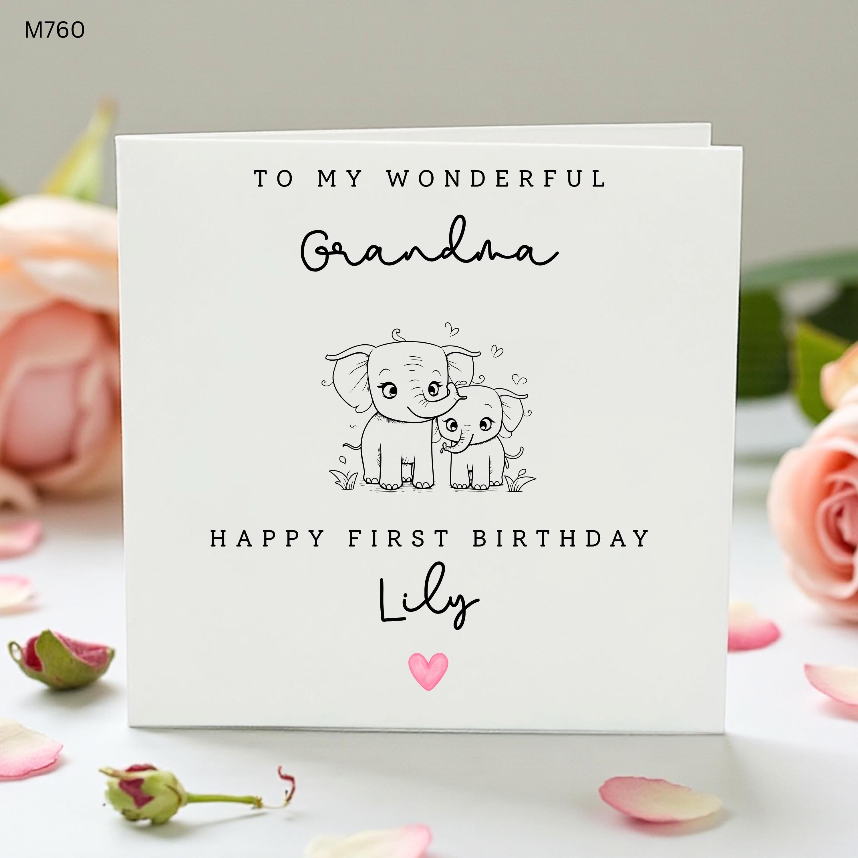 Personalised 1st Birthday Card for Granddaughter, Cute Elephant First Birthday Card, Custom Name Baby Girl Birthday Card