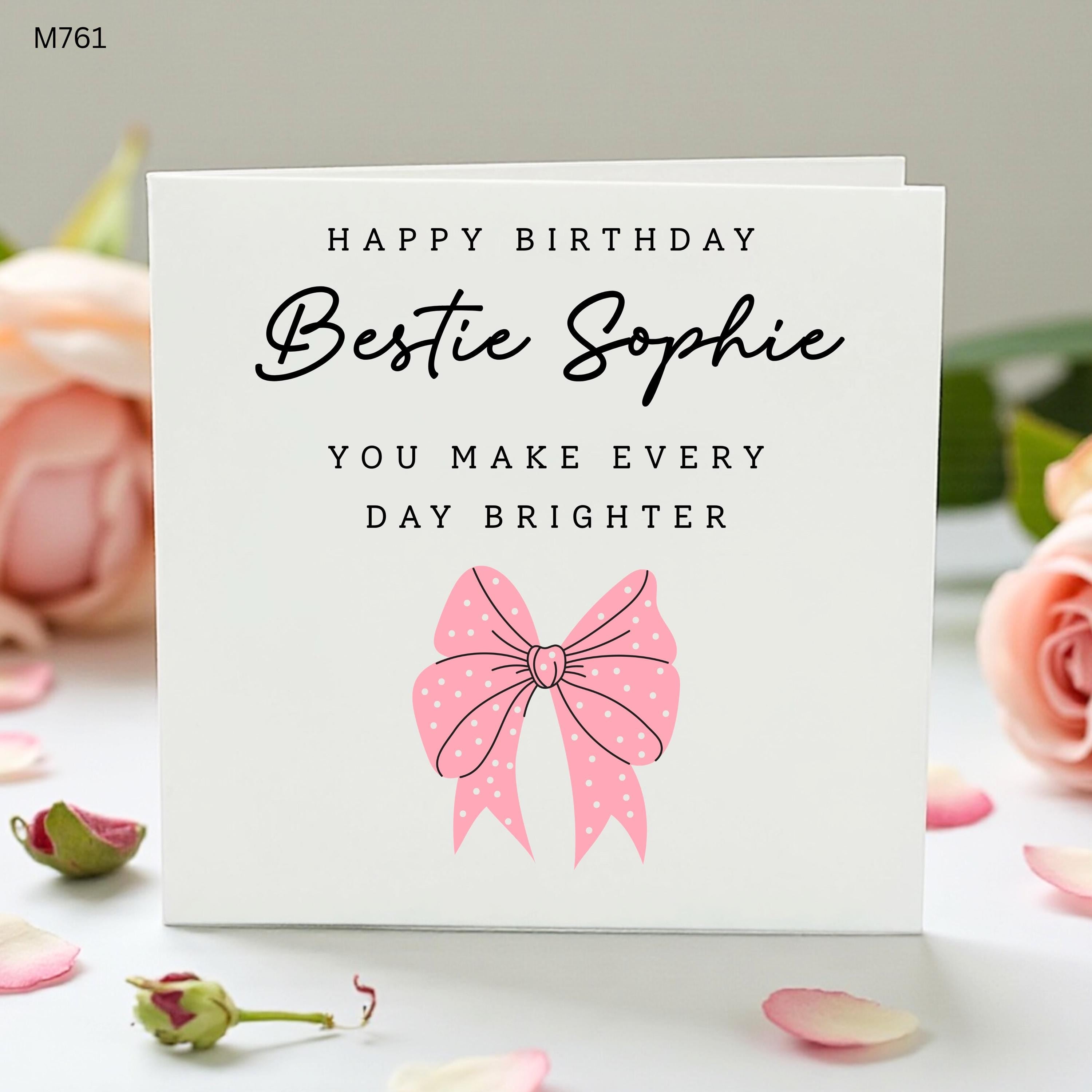 Personalised Bestie Birthday Card, Best Friend Birthday Card for Her, Custom Name Sophie Card, Pink Bow Friendship Card, Cute BFF Birthday