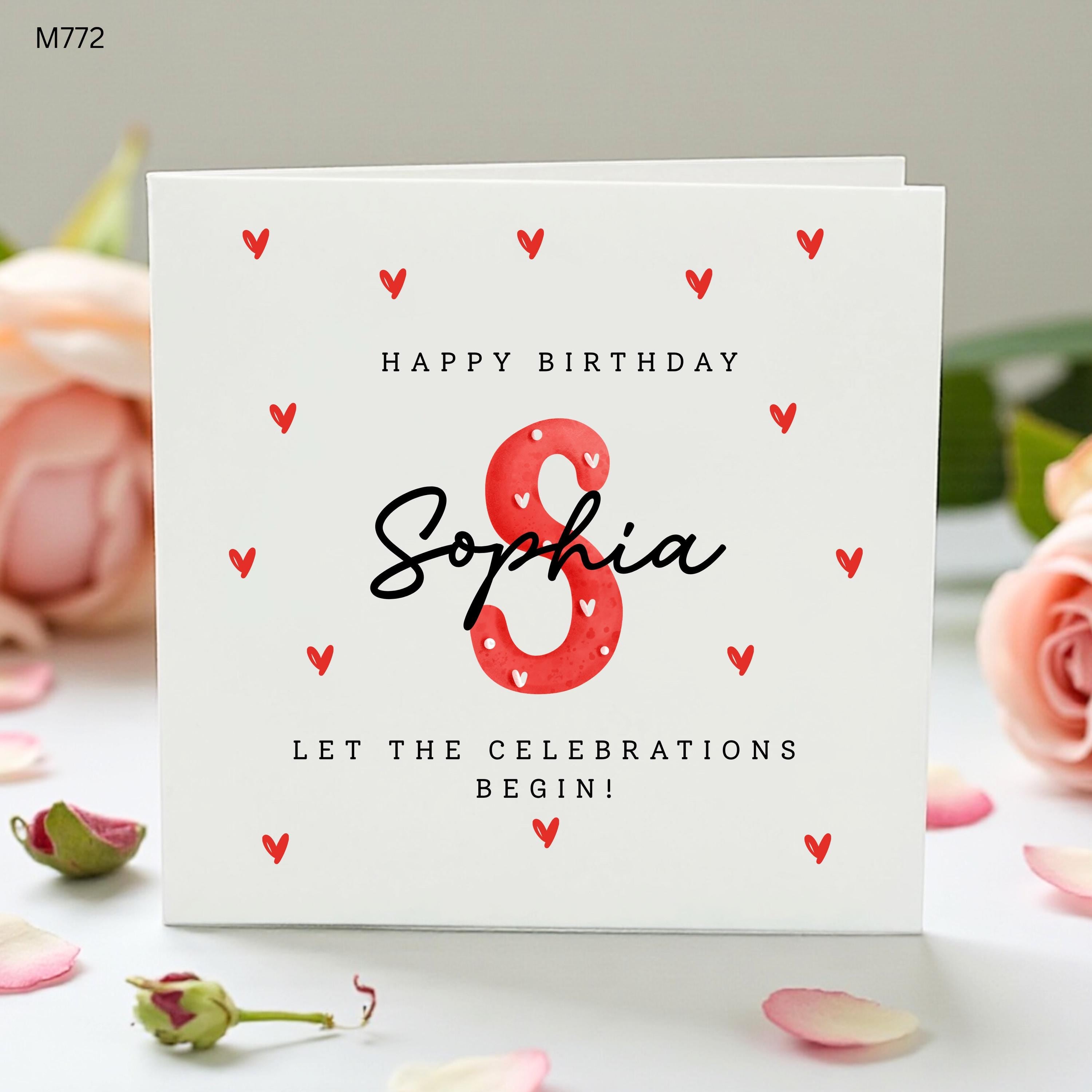 Personalised 8th Birthday Card for Girl, Sophia Birthday Card, Red Heart Kids Birthday Card, Daughter Granddaughter Niece Card