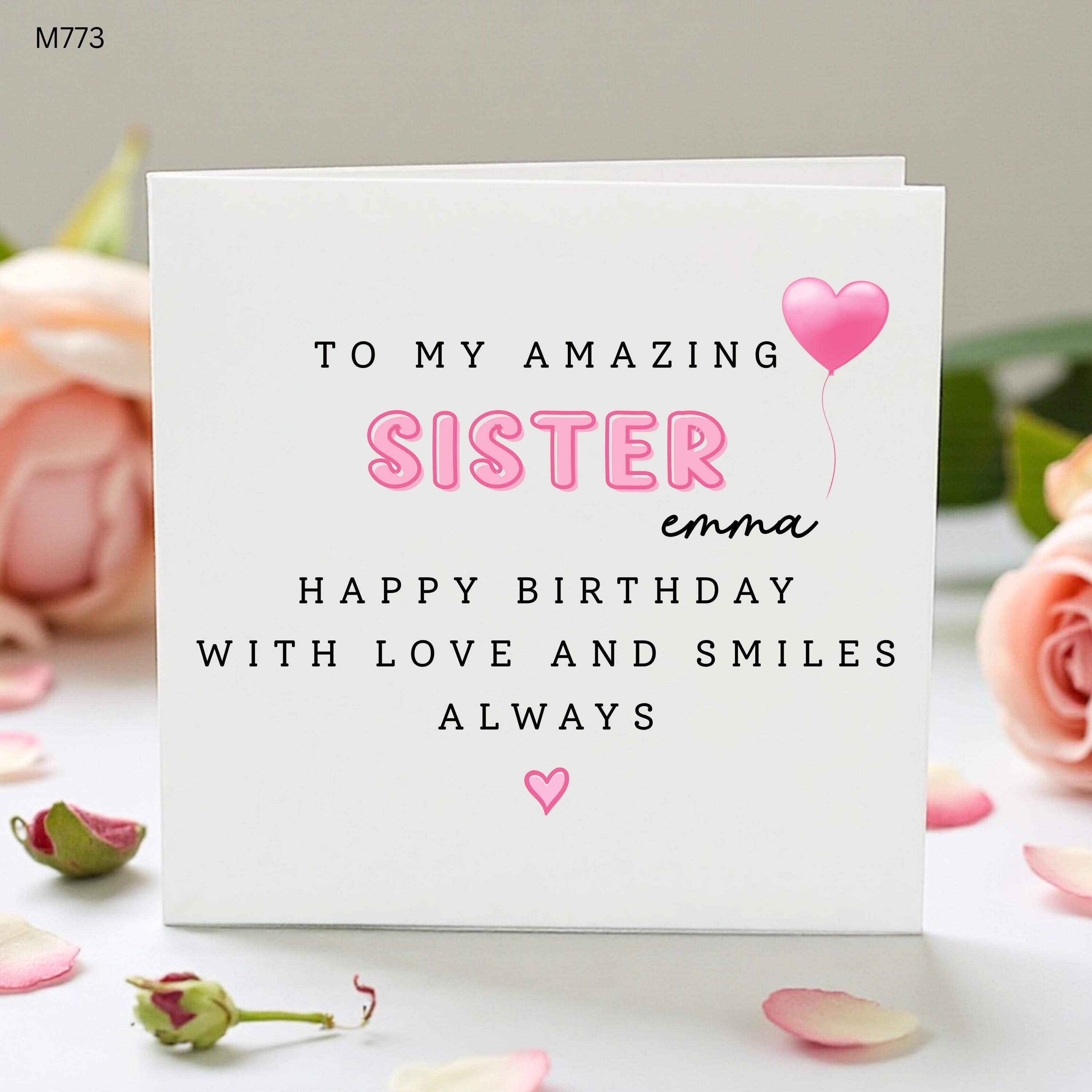 Personalised Sister Birthday Card, Amazing Sister Card, Birthday Card, Pink Heart Balloon Card, With Love and Smiles Card