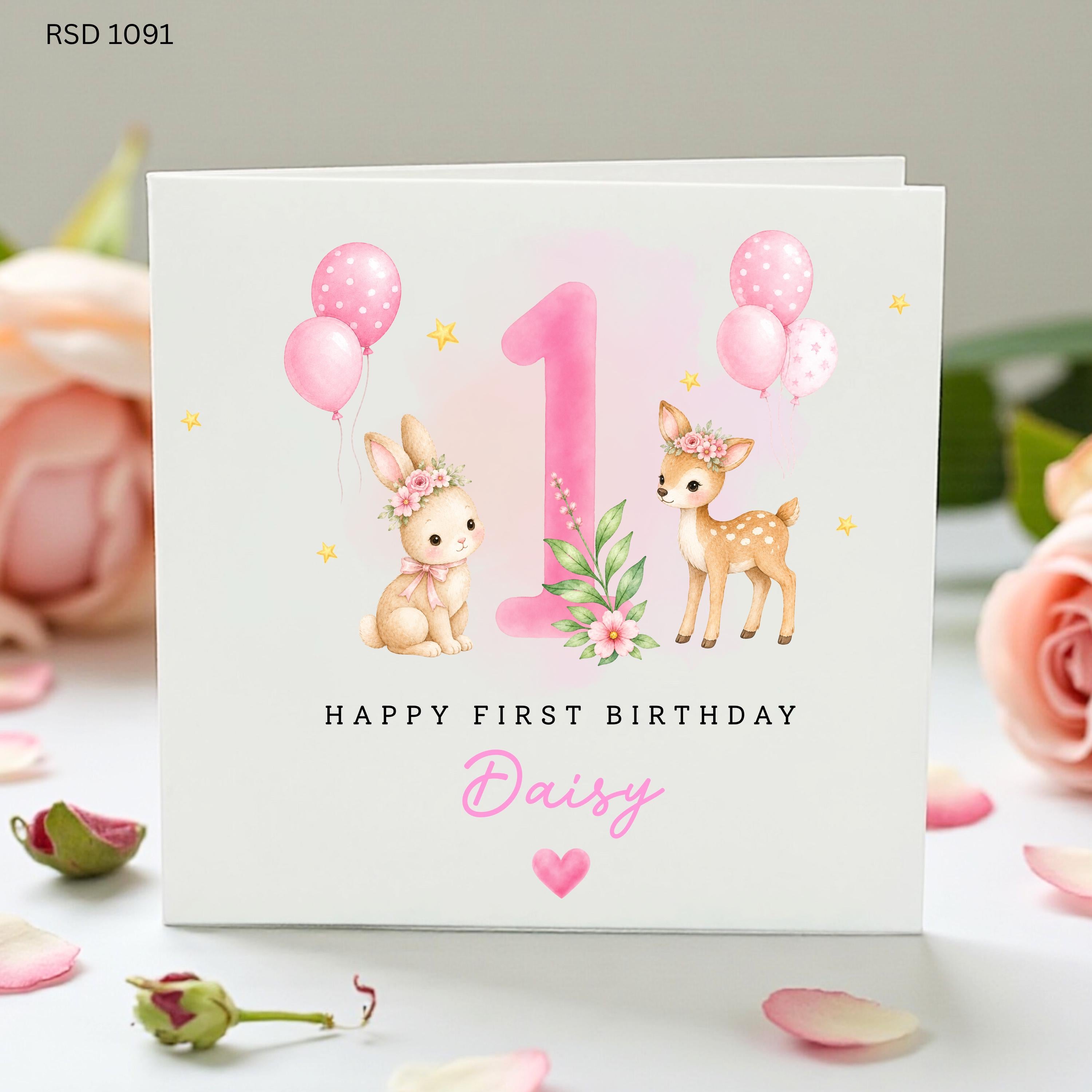 Personalised 1st Birthday Card Girl, Cute Bunny Deer First Birthday Card, Pink Floral Balloons Card, Daughter Granddaughter Niece Keepsake