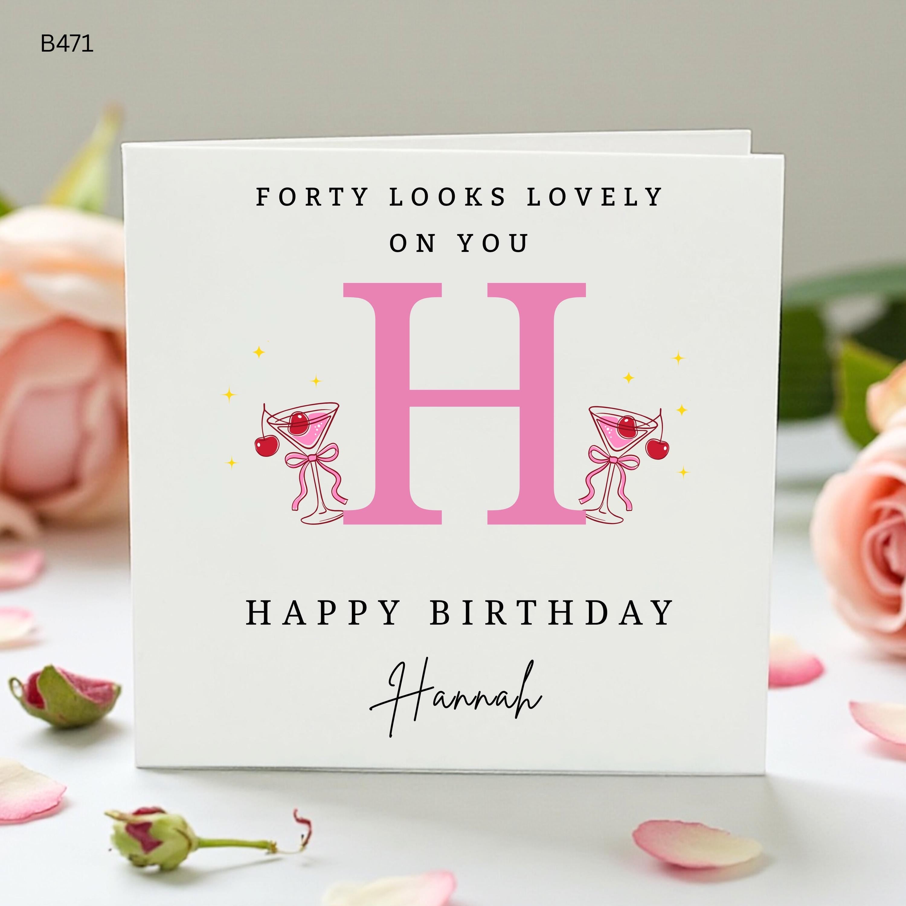 Personalised 40th Birthday Card for Her, Custom Name Forty Looks Lovely Card, Pink Cocktail Martini Milestone Birthday Card for Friend