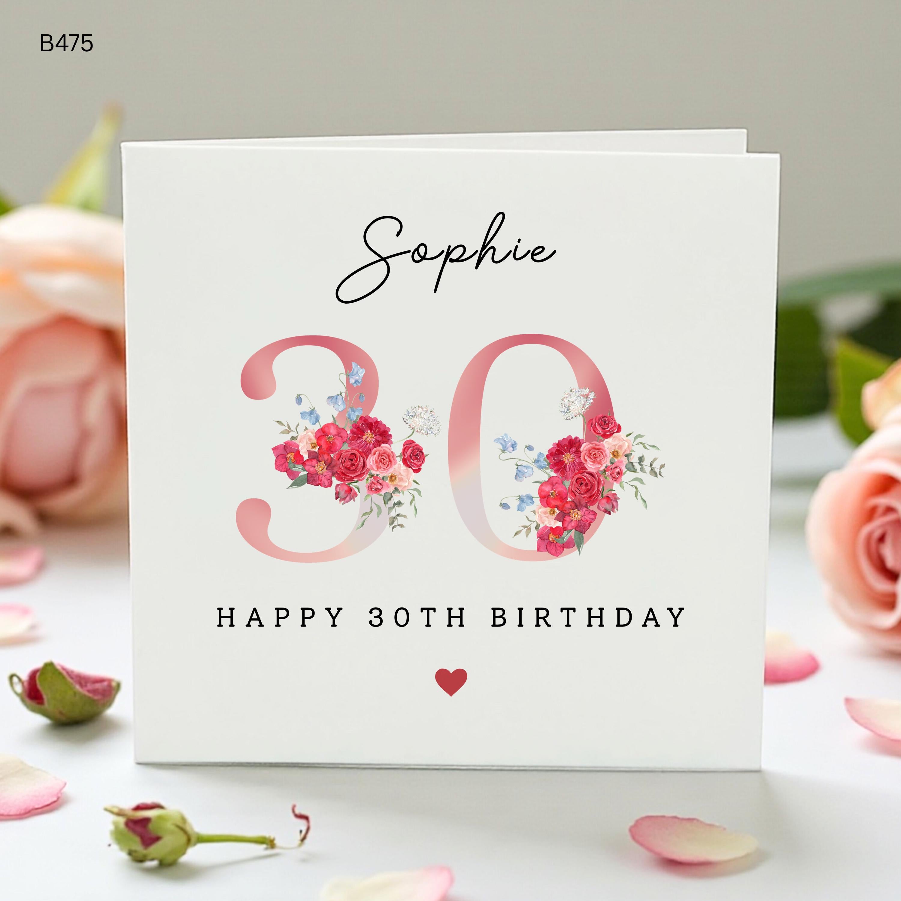 Personalised 30th Birthday Card for Her, Custom Name Floral 30 Card, Pink Flower Milestone Birthday Card, Daughter Friend Sister Gift